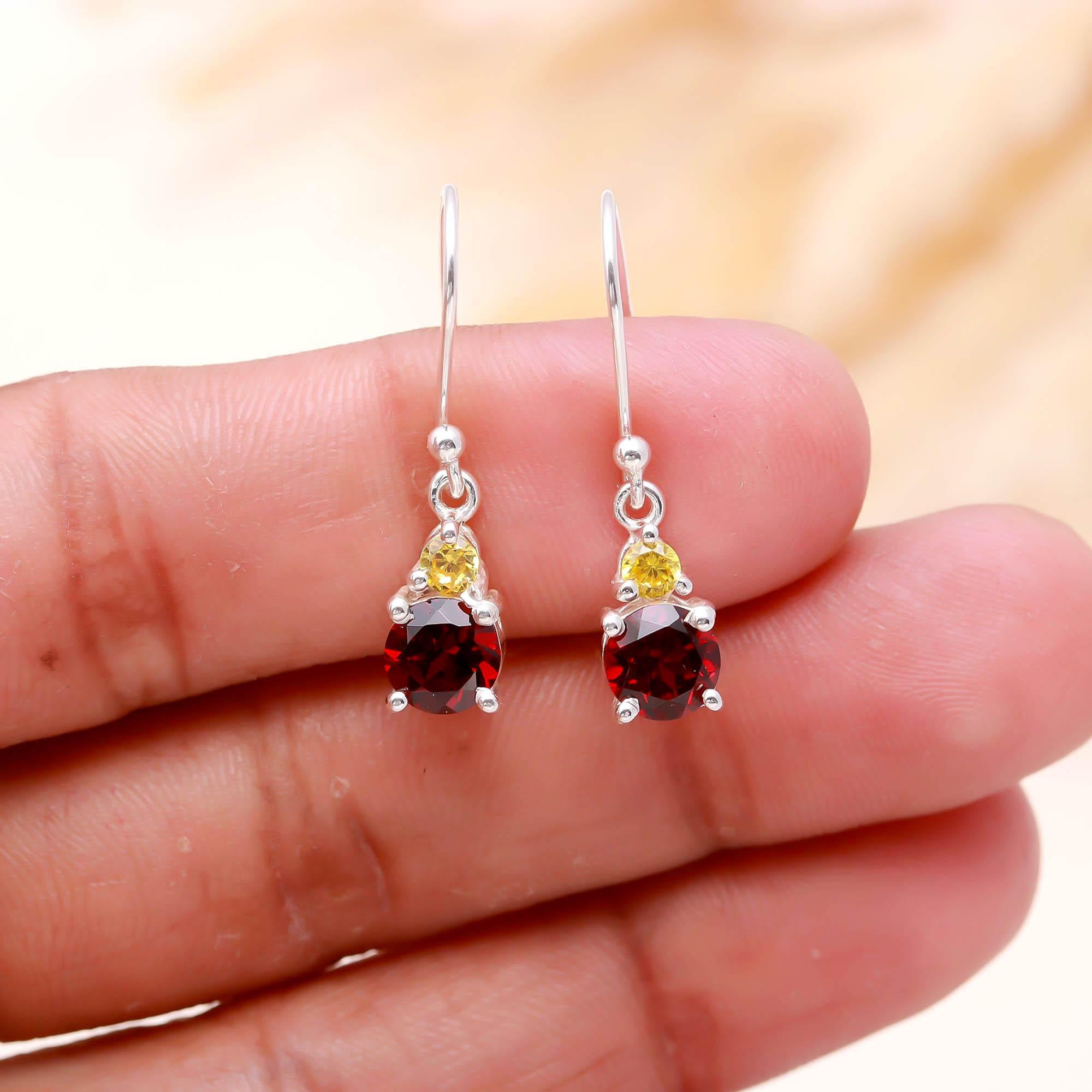Genuine Garnet and Yellow Zircon Silver Earrings for Women