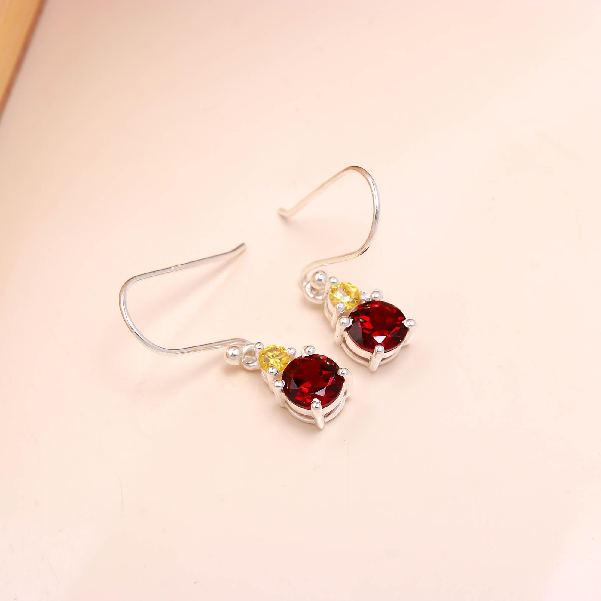 Genuine Garnet and Yellow Zircon Silver Earrings for Women