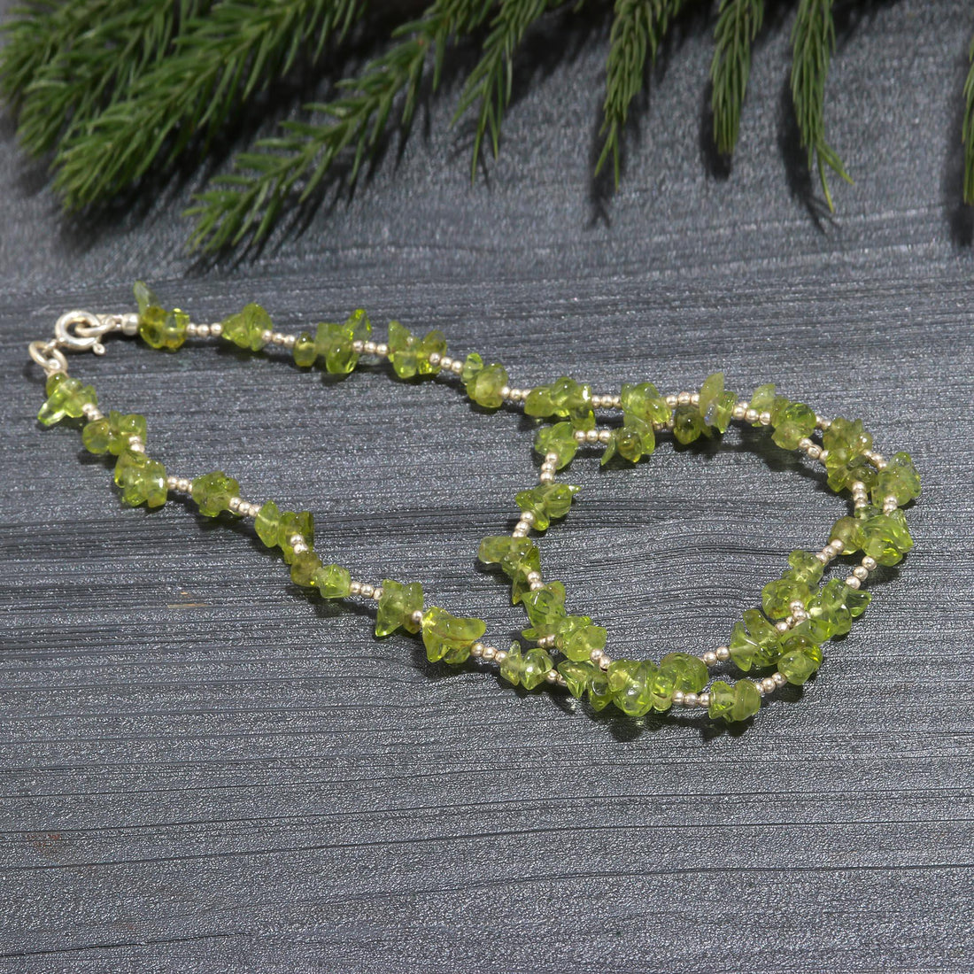 Delicate Peridot Uncut Beads Necklace in Sterling Silver