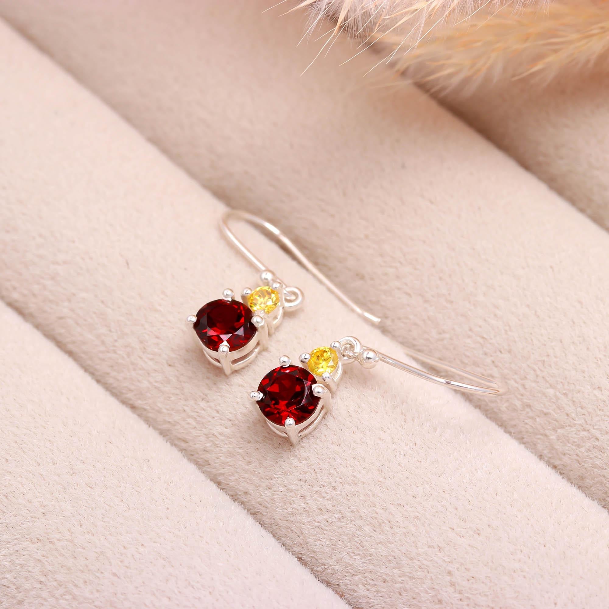 Genuine Garnet and Yellow Zircon Silver Earrings for Women