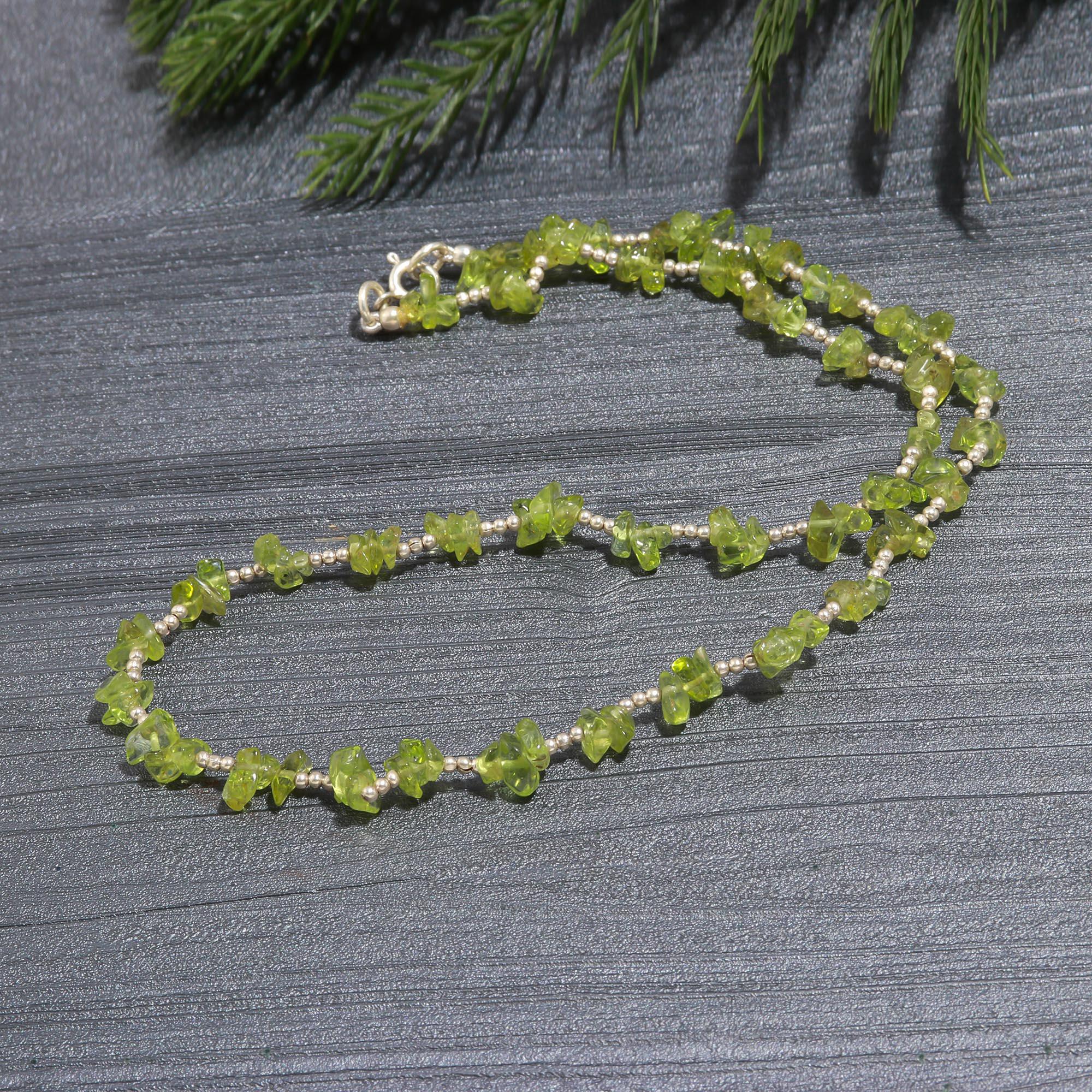 Delicate Peridot Uncut Beads Necklace in Sterling Silver