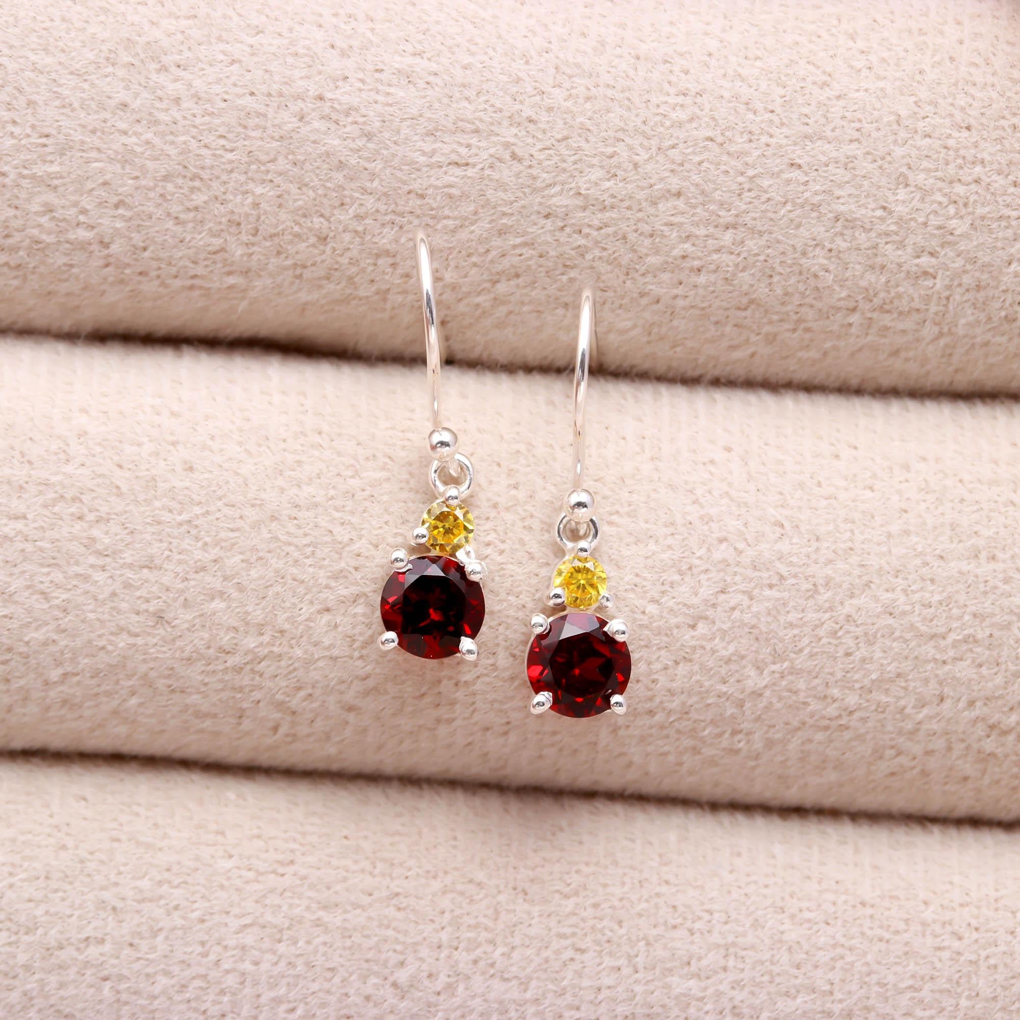 Genuine Garnet and Yellow Zircon Silver Earrings for Women