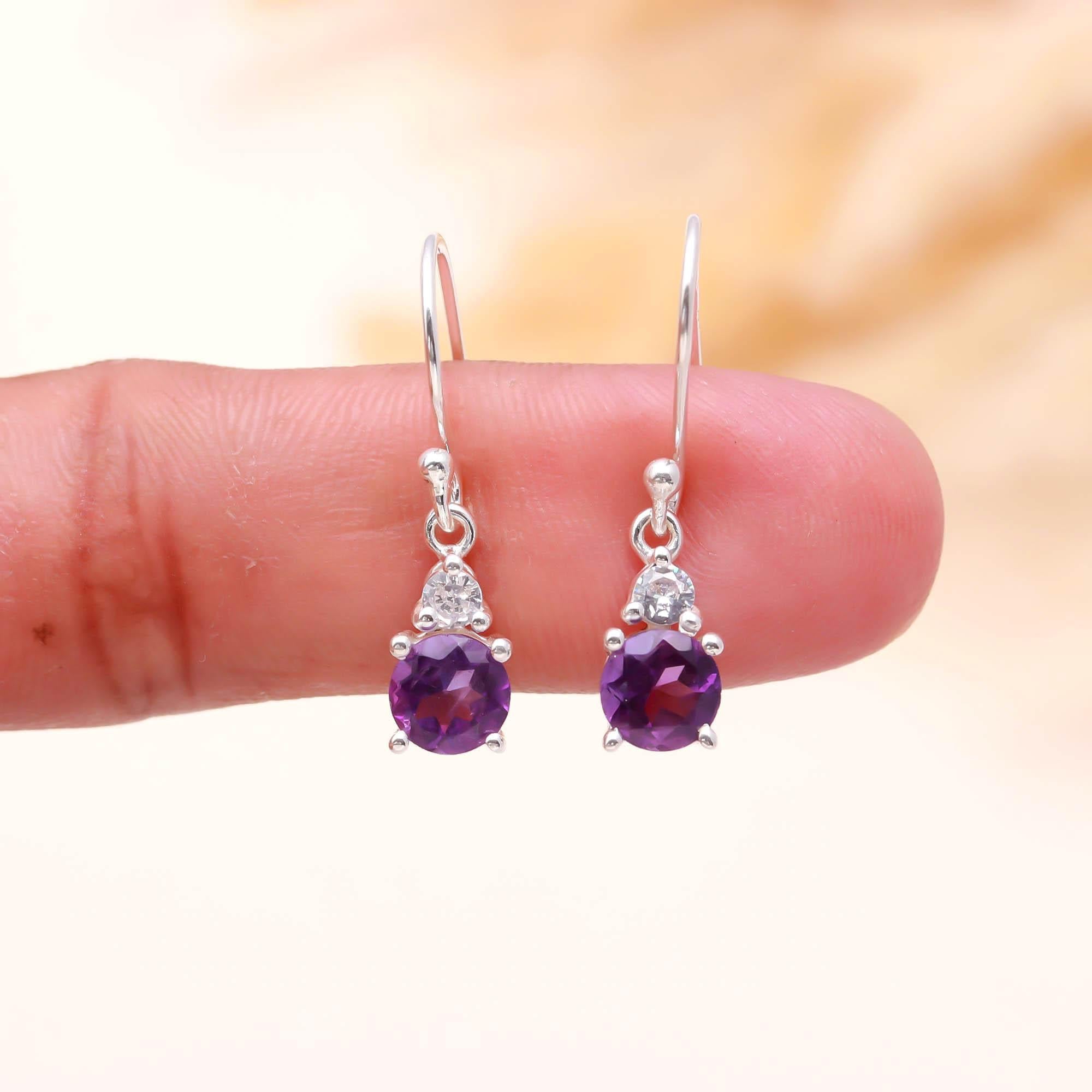 Genuine Amethyst and White Zircon Silver Earrings for Women