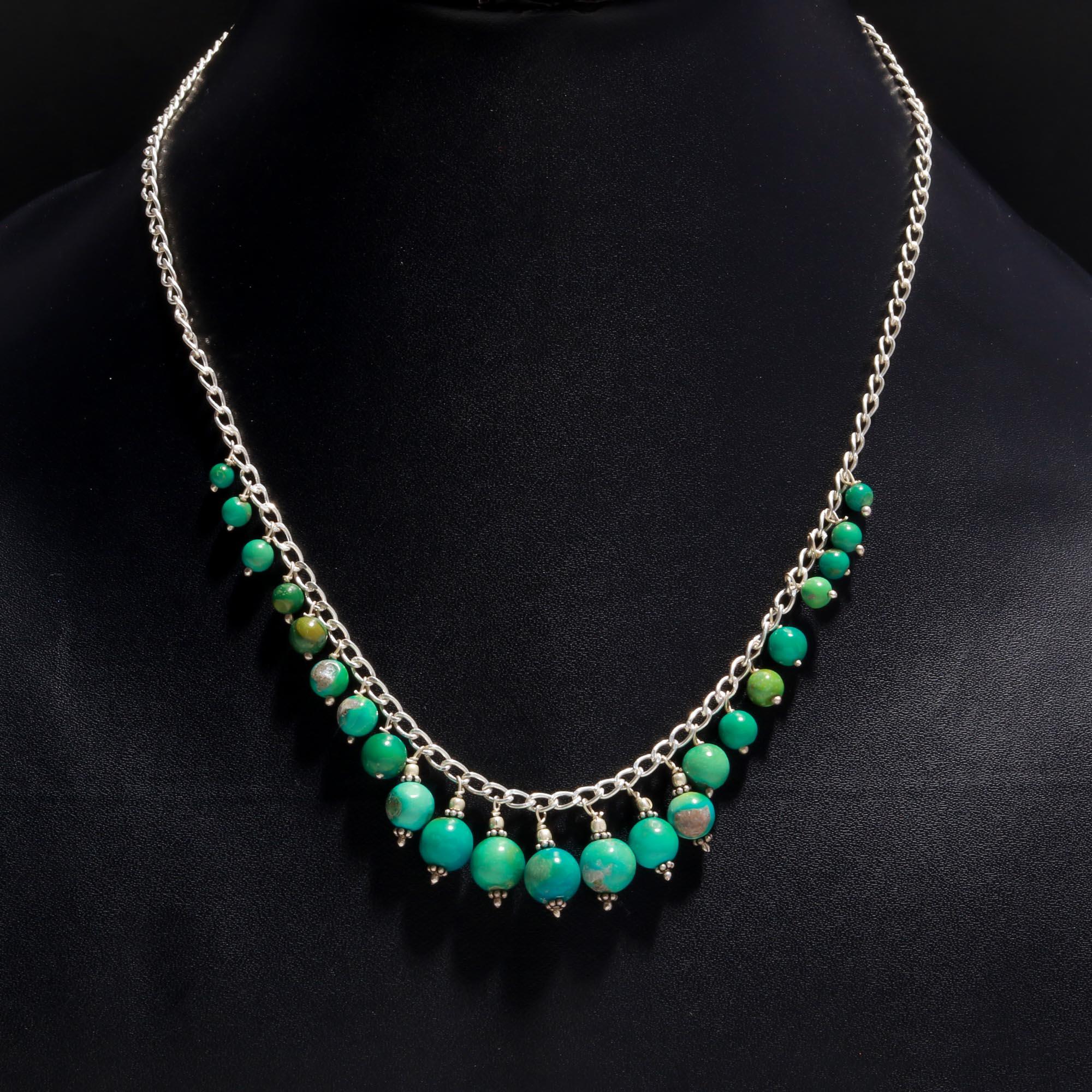 Natural Turquoise Beaded 925 Silver Necklace