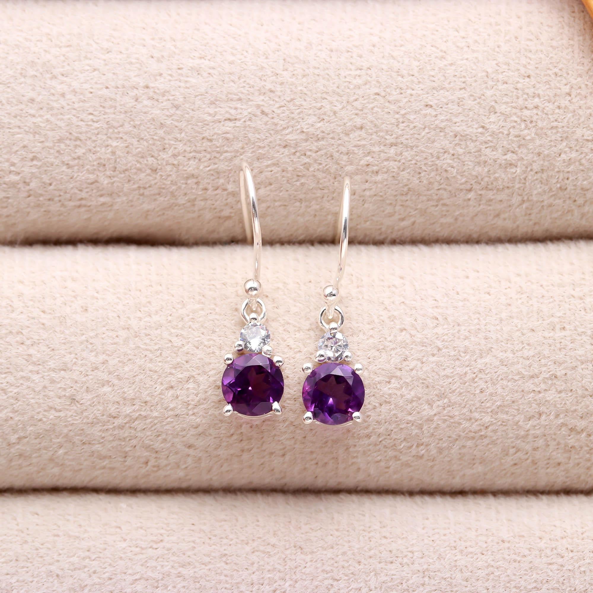 Genuine Amethyst and White Zircon Silver Earrings for Women