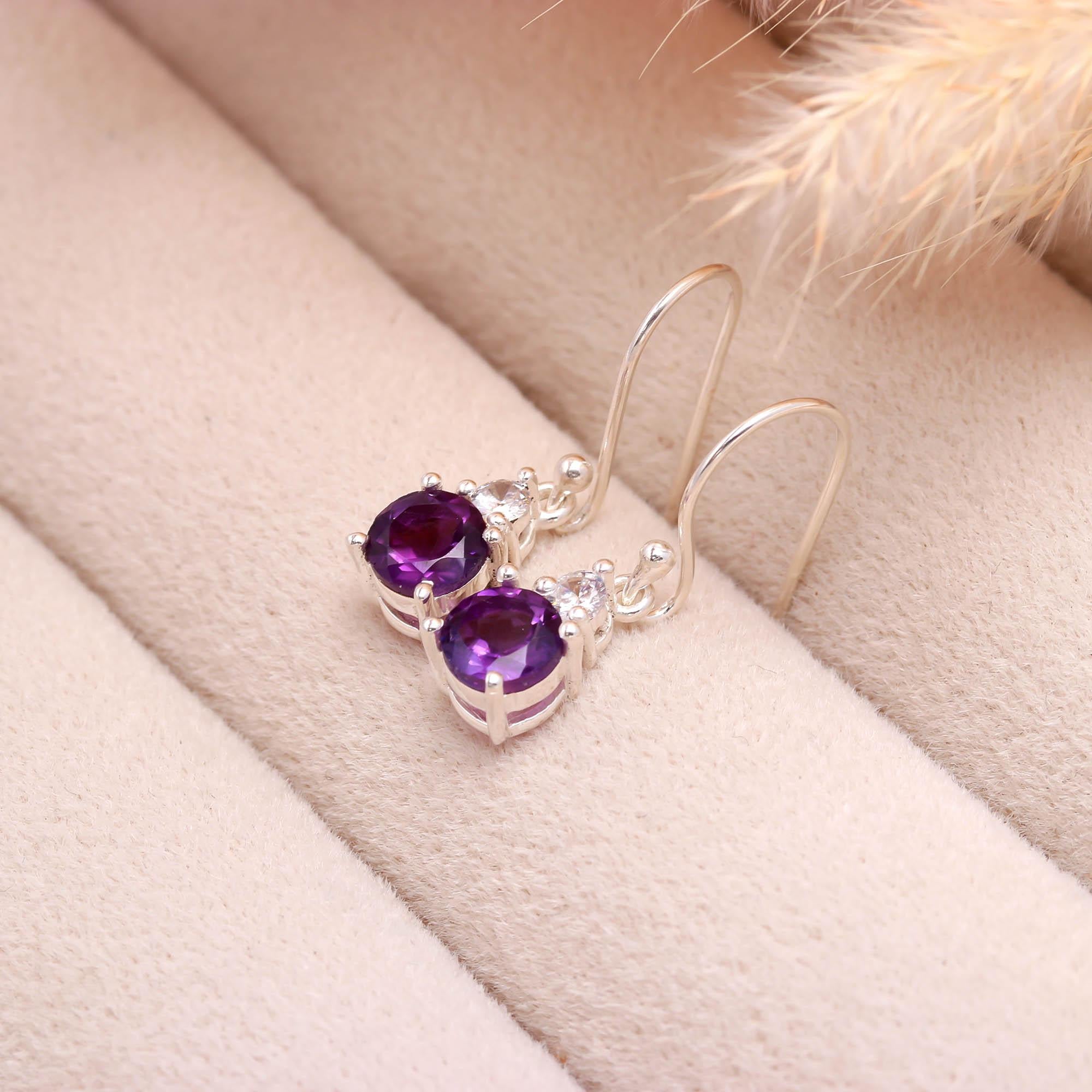 Genuine Amethyst and White Zircon Silver Earrings for Women
