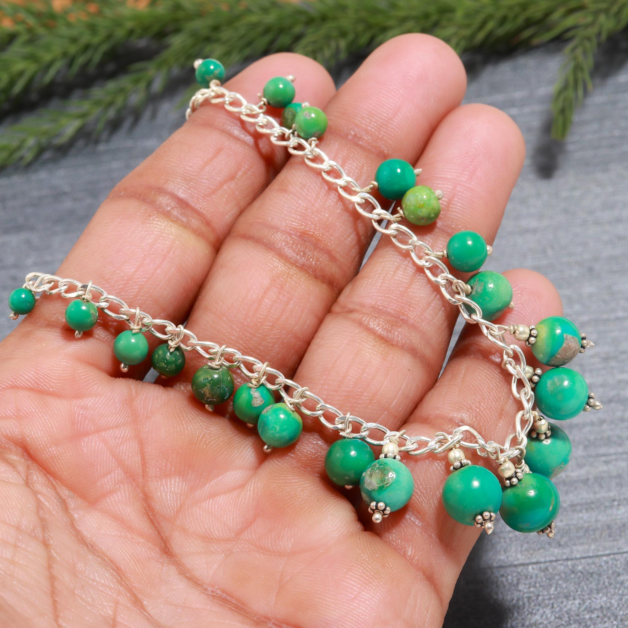Natural Turquoise Beaded 925 Silver Necklace
