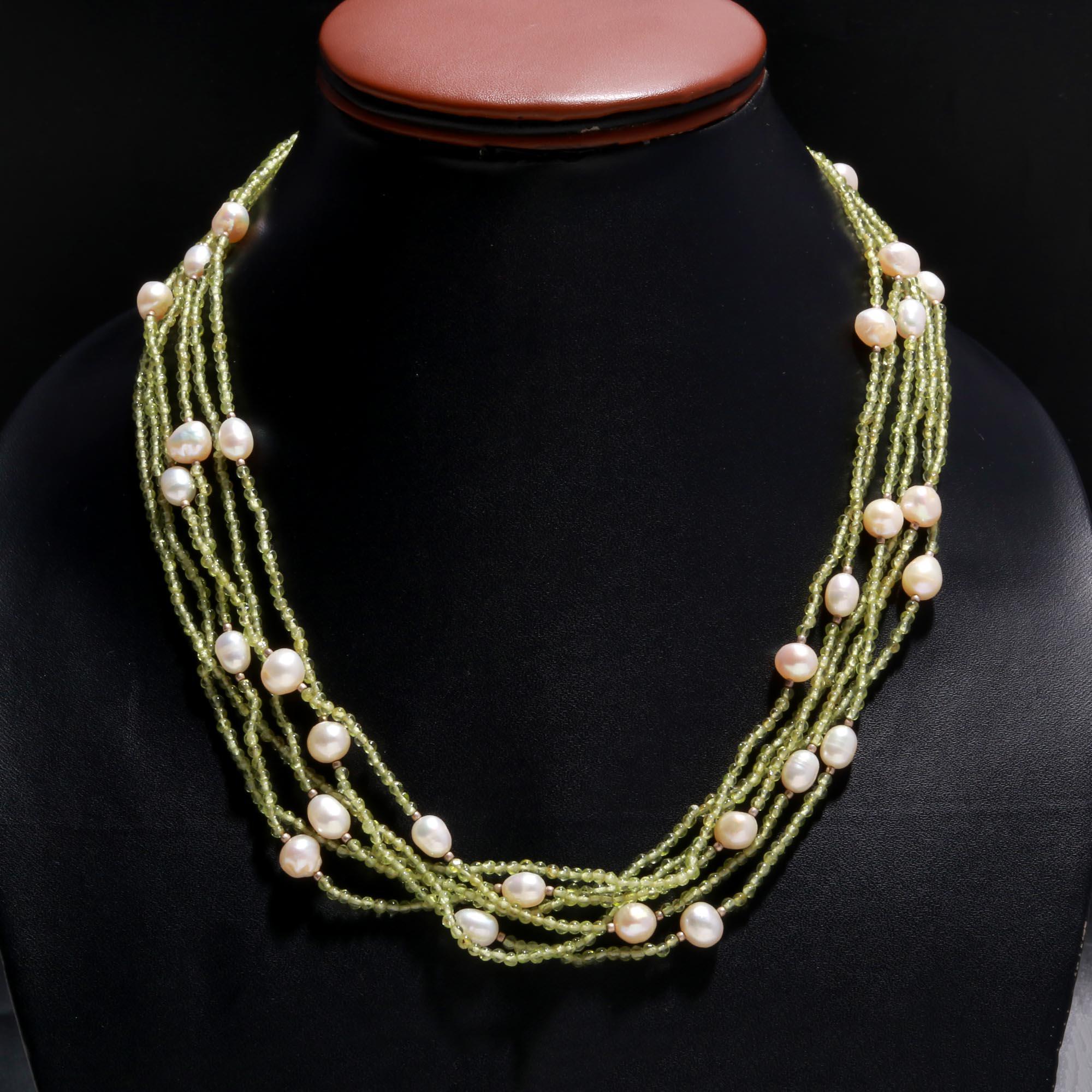 Stylish Women’s Multi Layered Necklace with Peridot and Pearls in Silver