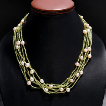 Stylish Women’s Multi Layered Necklace with Peridot and Pearls in Silver