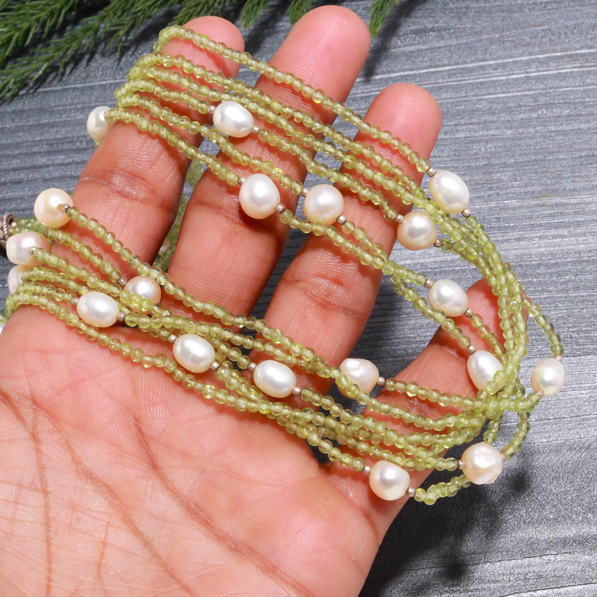 Stylish Women’s Multi Layered Necklace with Peridot and Pearls in Silver