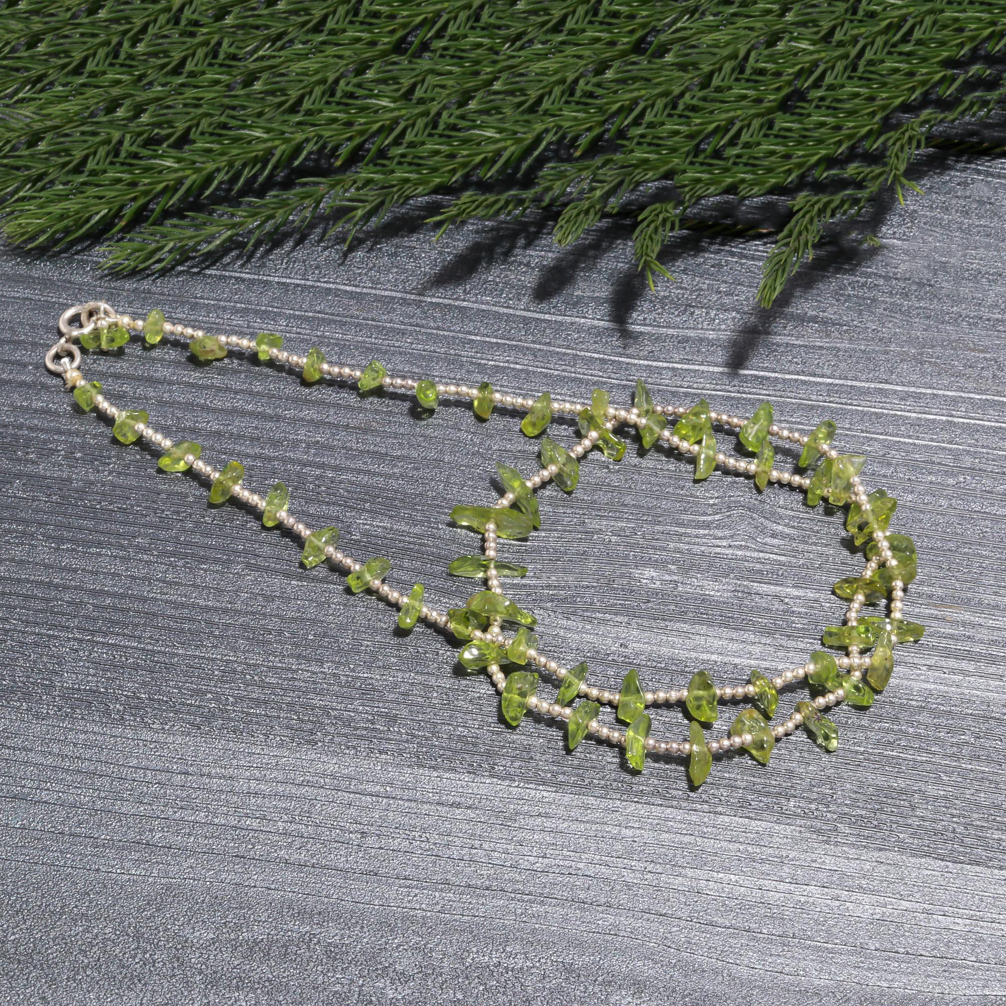 Natural Peridot Chip Stone Choker | Dainty Nugget & 925 Sterling Silver Necklace