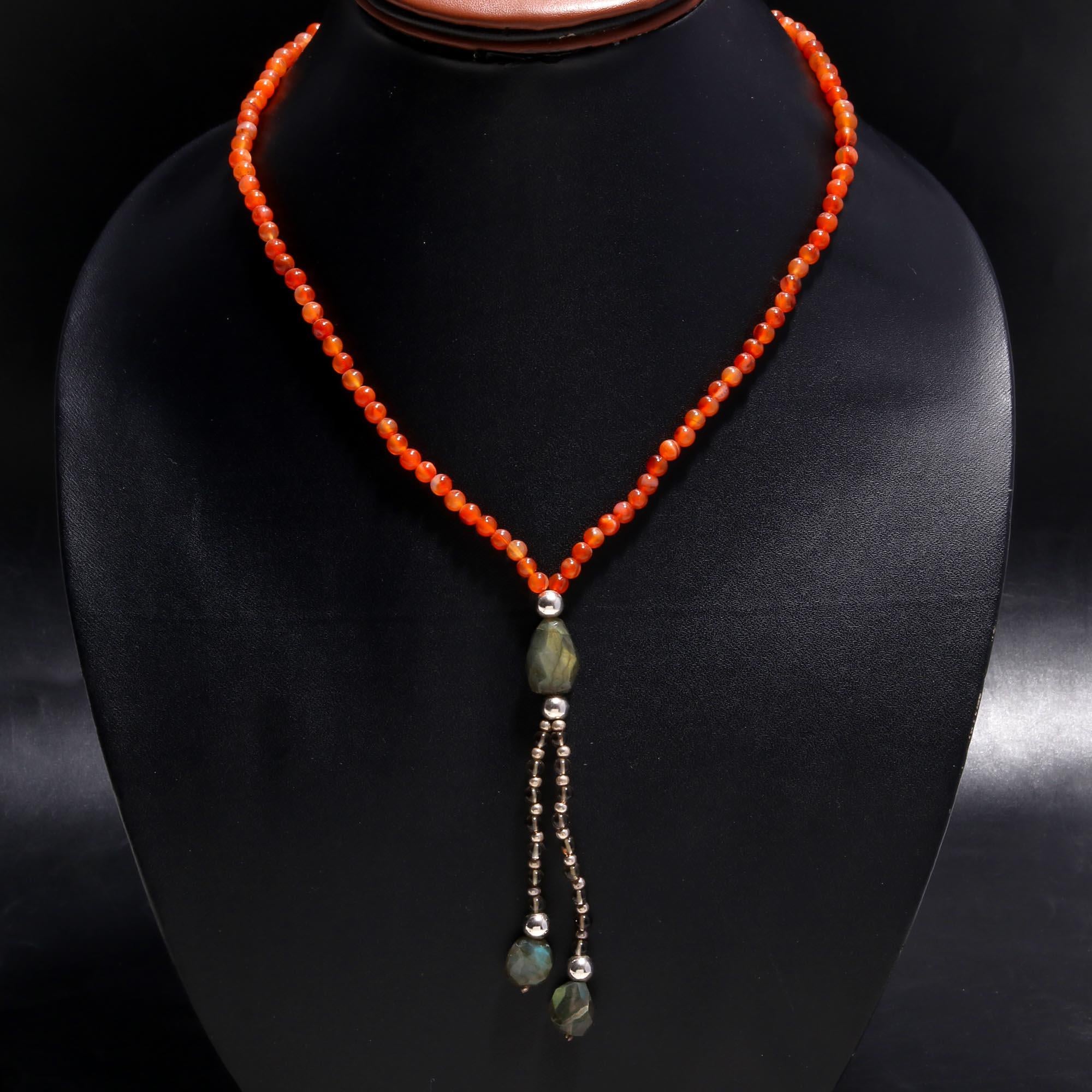 Carnelian & Labradorite Y-Drop Lariat Necklace | 925 Sterling Silver Tassel Pendant
