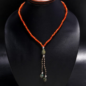 Carnelian & Labradorite Y-Drop Lariat Necklace | 925 Sterling Silver Tassel Pendant