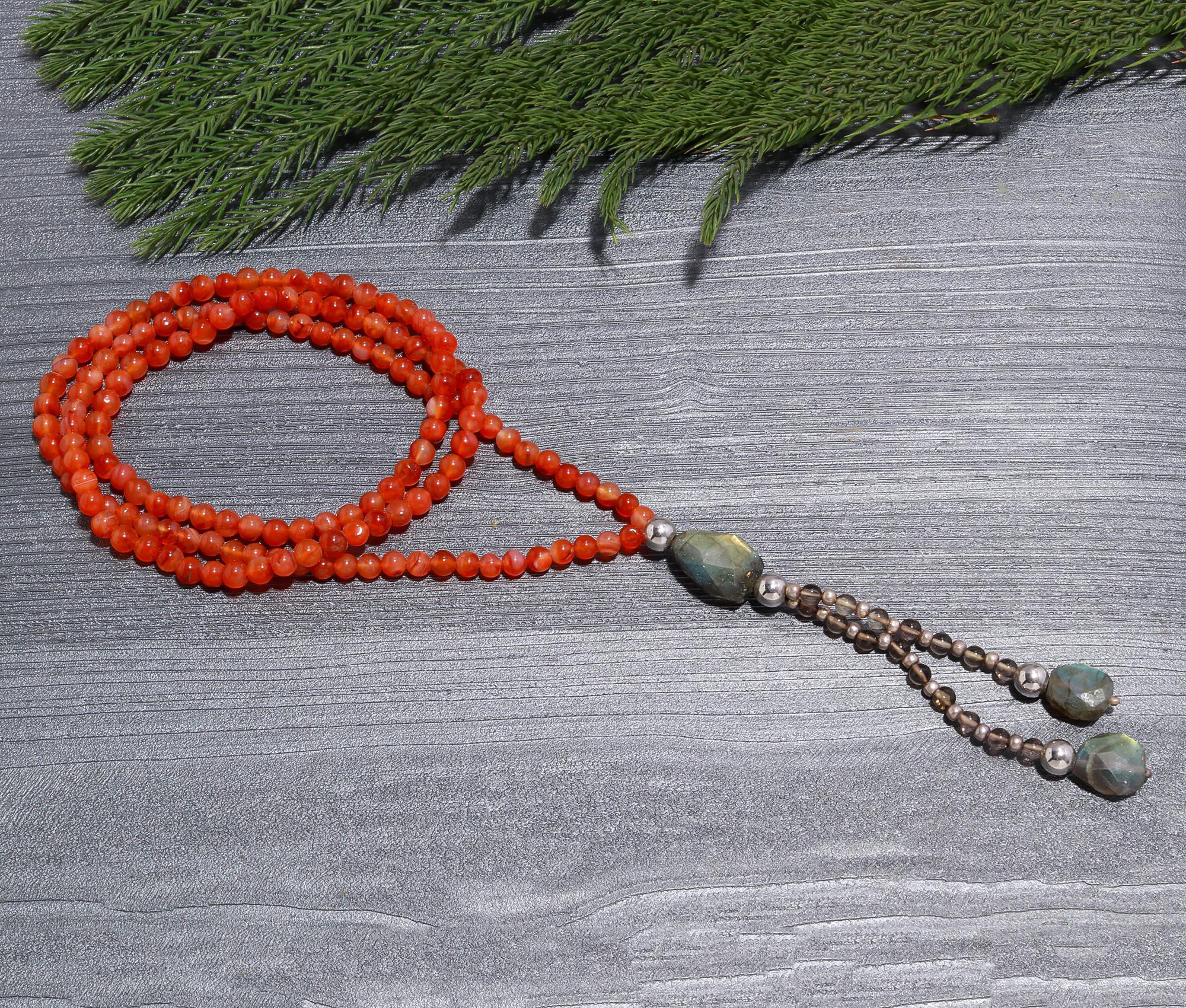 Carnelian & Labradorite Y-Drop Lariat Necklace | 925 Sterling Silver Tassel Pendant