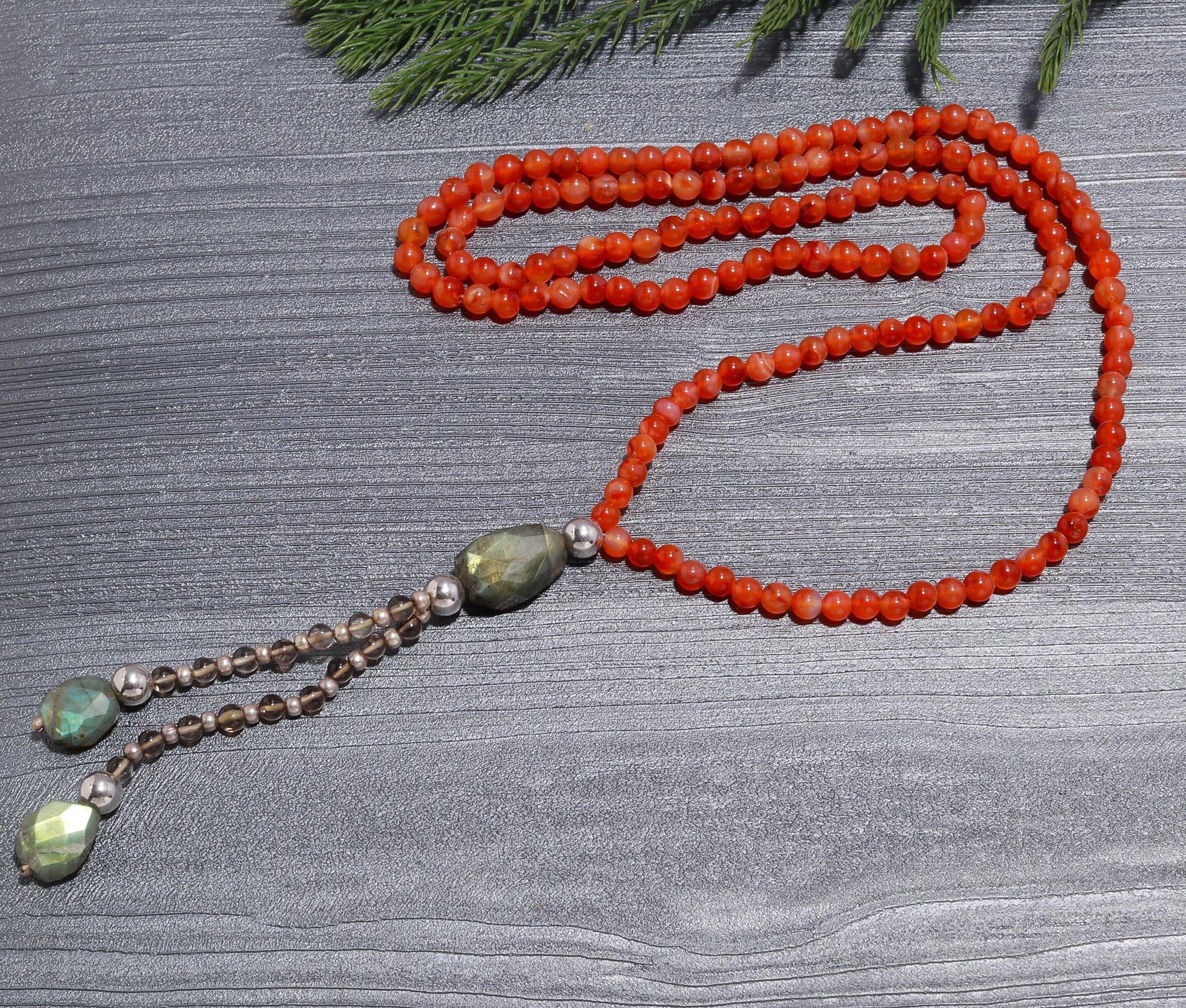 Carnelian & Labradorite Y-Drop Lariat Necklace | 925 Sterling Silver Tassel Pendant
