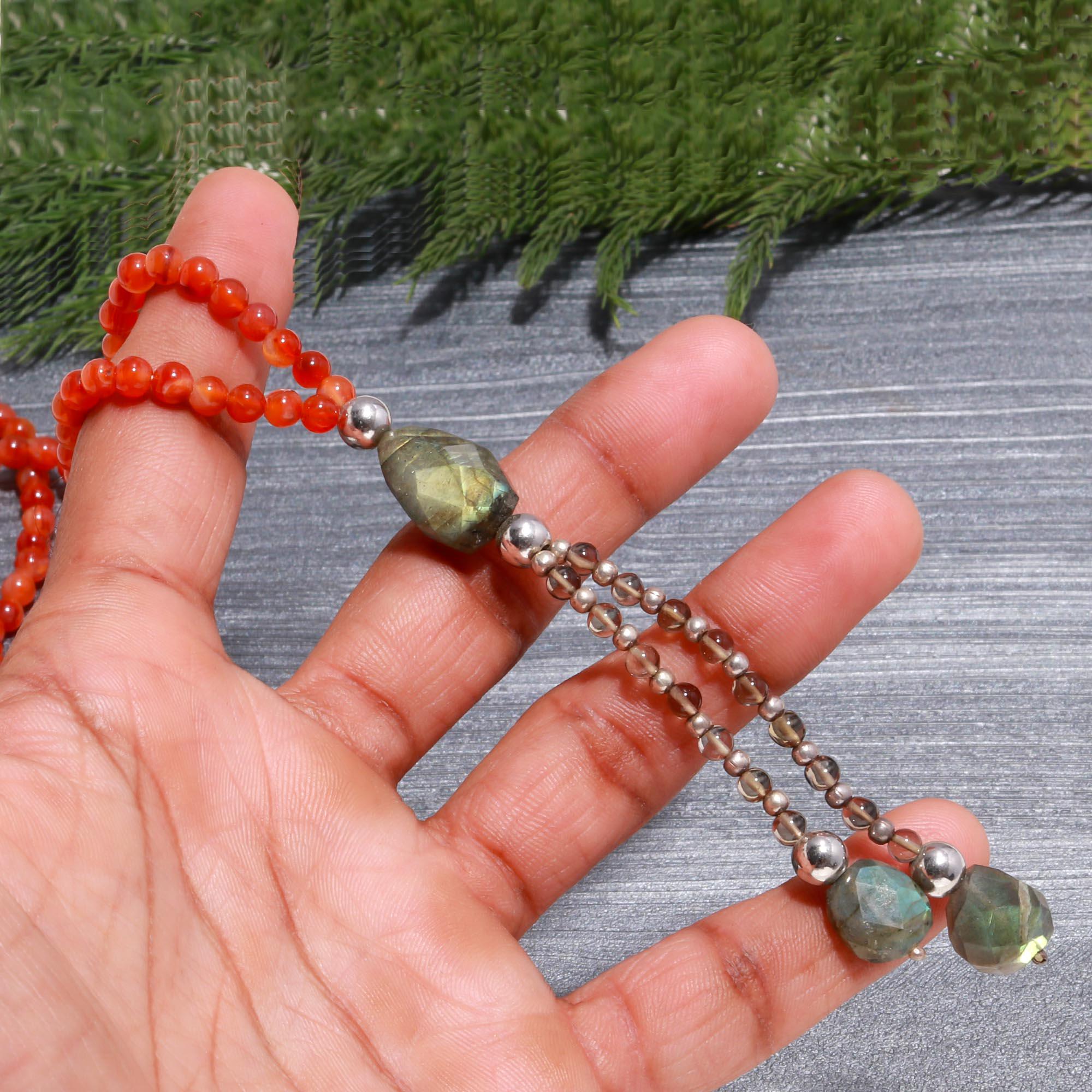 Carnelian & Labradorite Y-Drop Lariat Necklace | 925 Sterling Silver Tassel Pendant