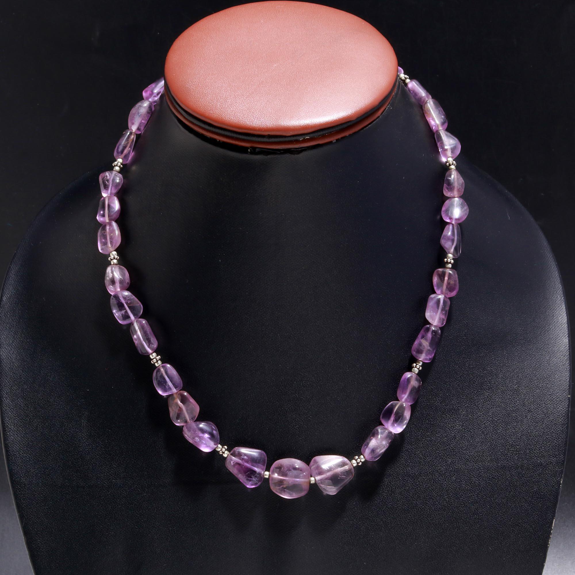 Natural Amethyst Tumble Stone Necklace for Women in Sterling Silver