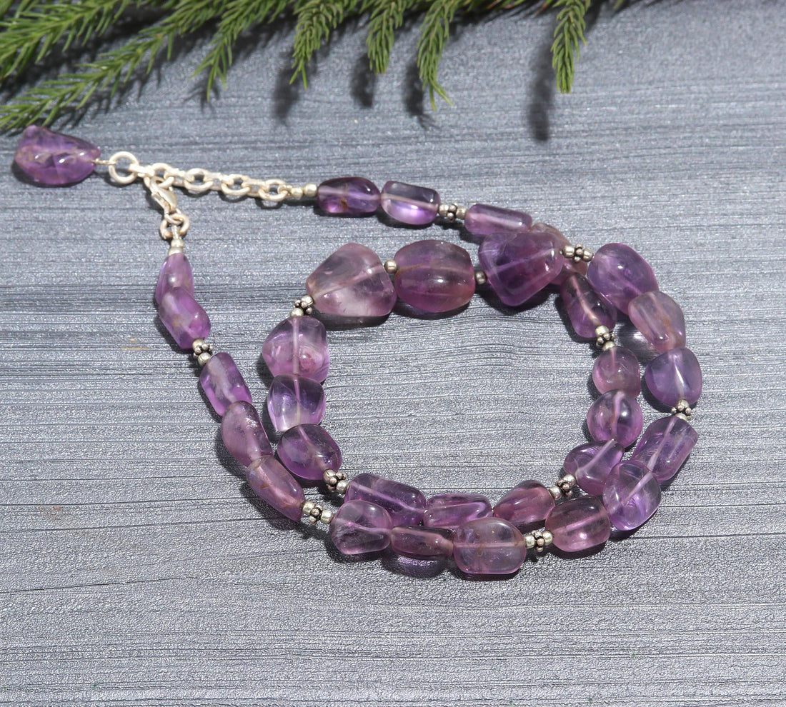 Natural Amethyst Tumble Stone Necklace for Women in Sterling Silver