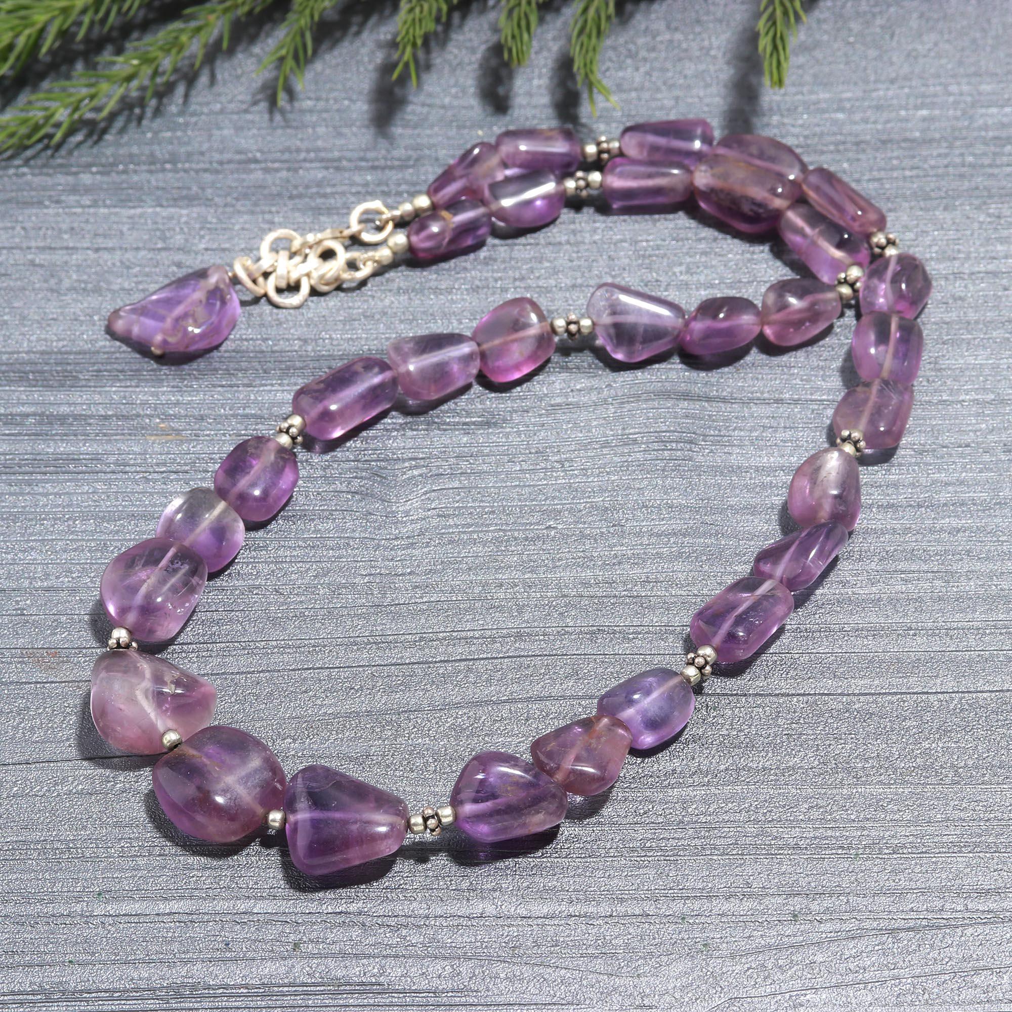 Natural Amethyst Tumble Stone Necklace for Women in Sterling Silver