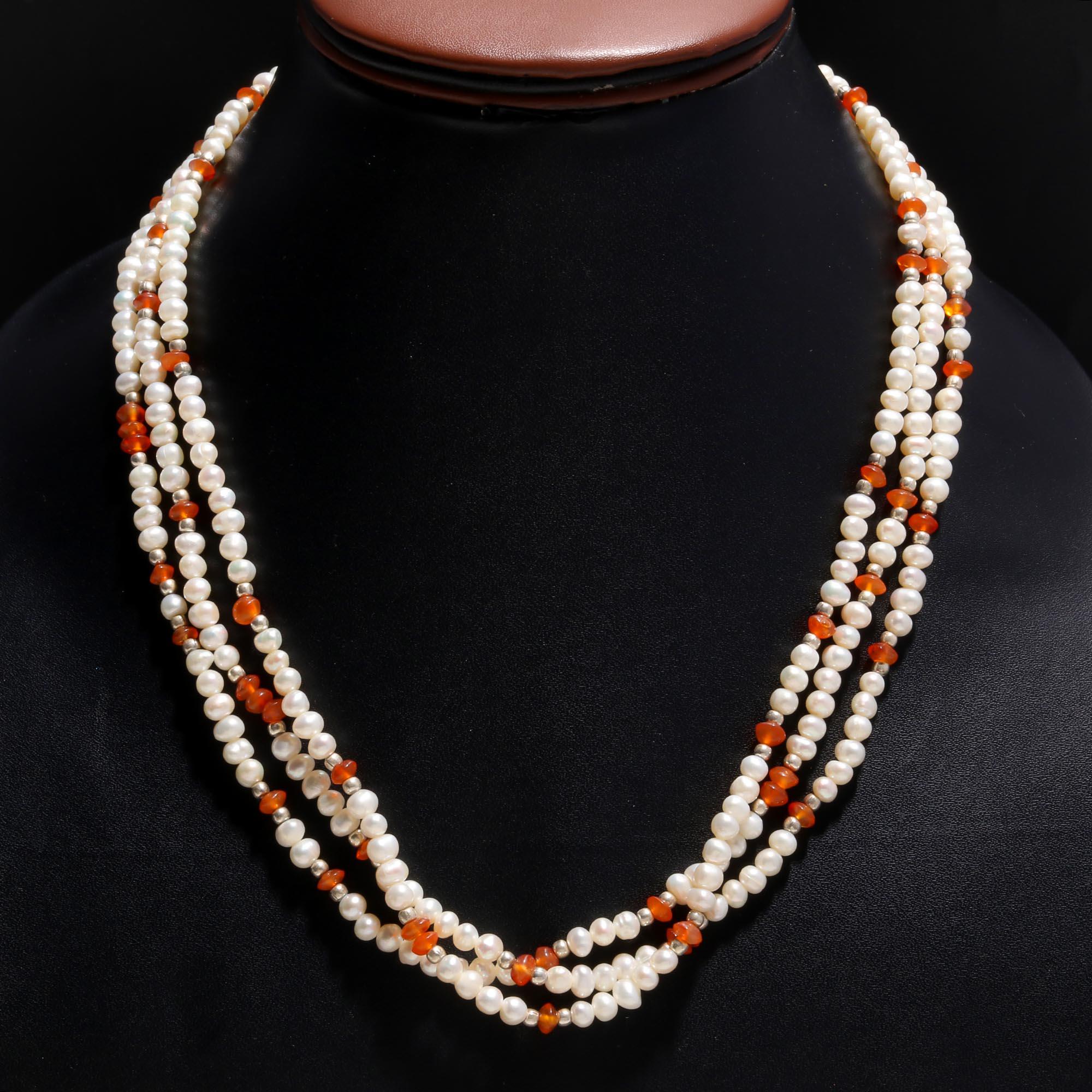 Triple Strand Freshwater Pearl & Carnelian Necklace | 925 Silver Multi-Gem Choker