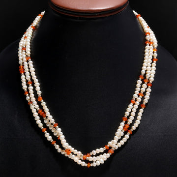 Triple Strand Freshwater Pearl & Carnelian Necklace | 925 Silver Multi-Gem Choker