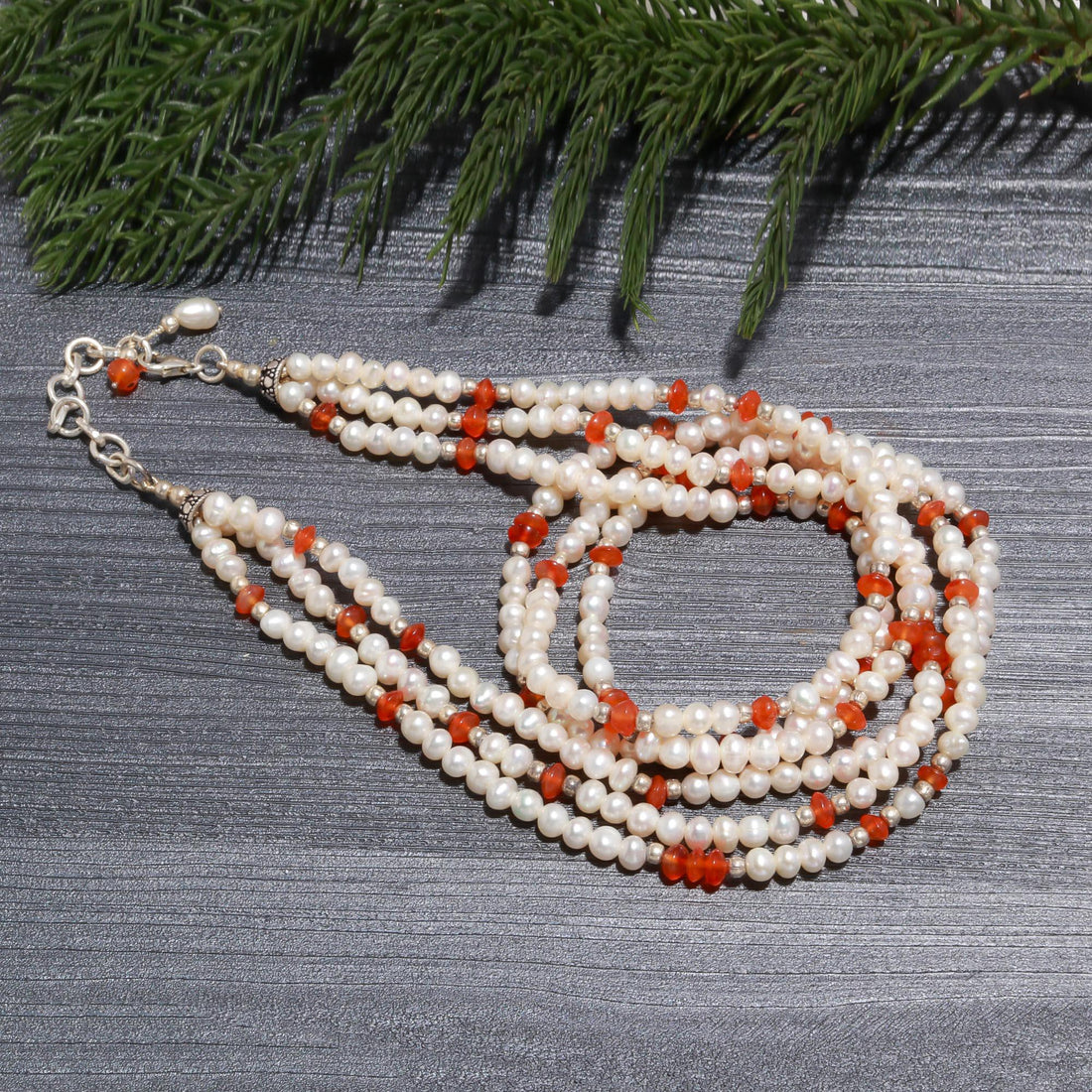 Triple Strand Freshwater Pearl & Carnelian Necklace | 925 Silver Multi-Gem Choker