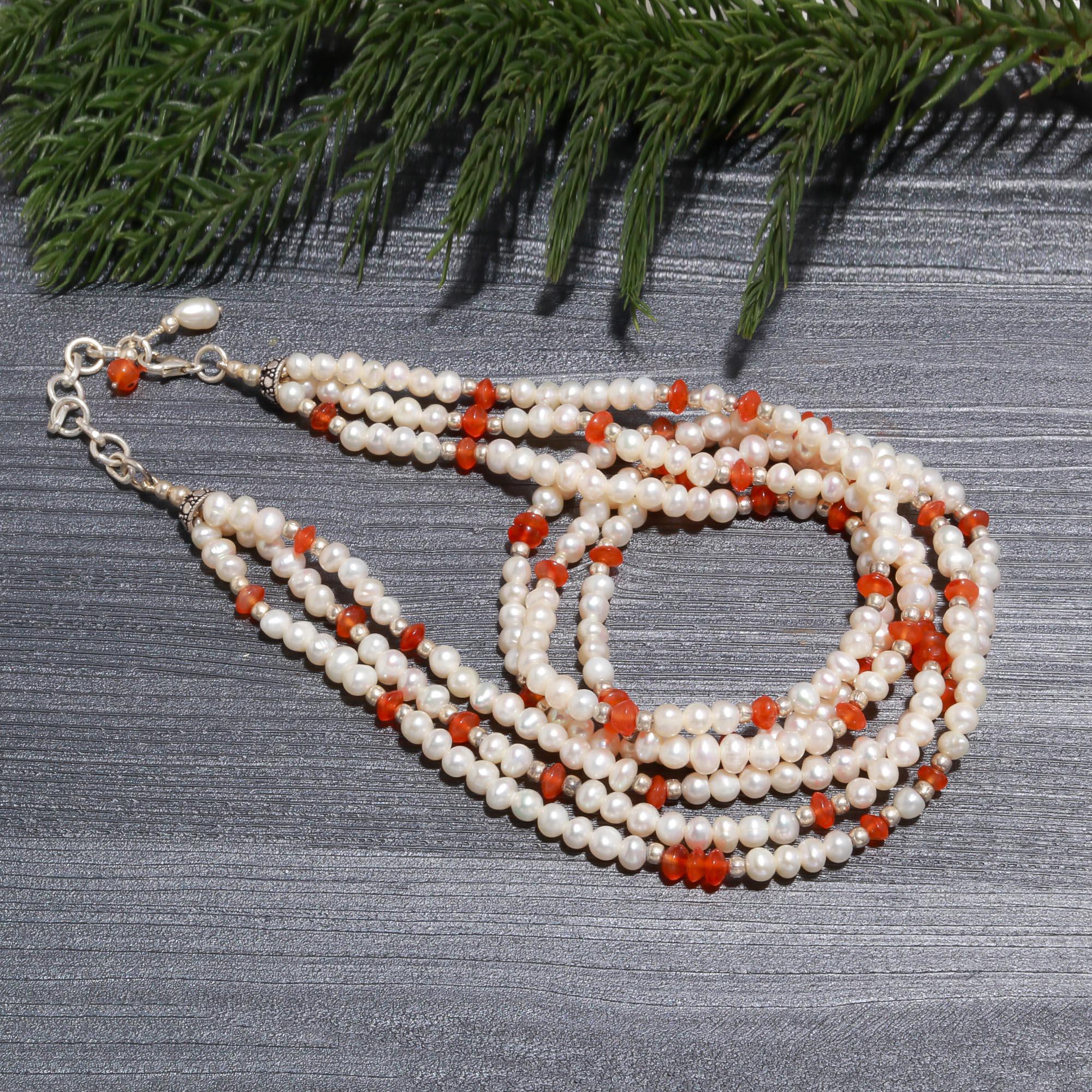 Triple Strand Freshwater Pearl & Carnelian Necklace | 925 Silver Multi-Gem Choker
