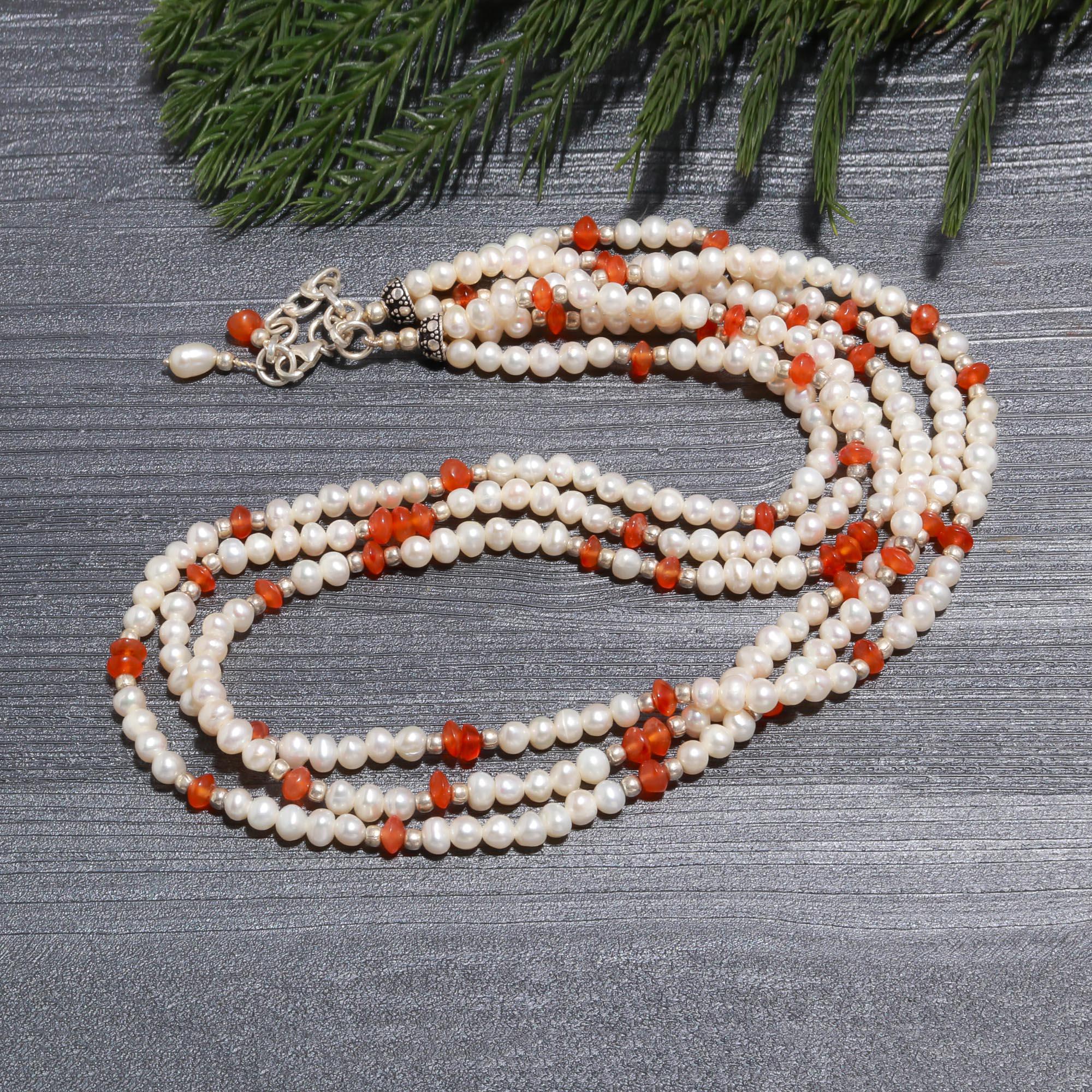 Triple Strand Freshwater Pearl & Carnelian Necklace | 925 Silver Multi-Gem Choker