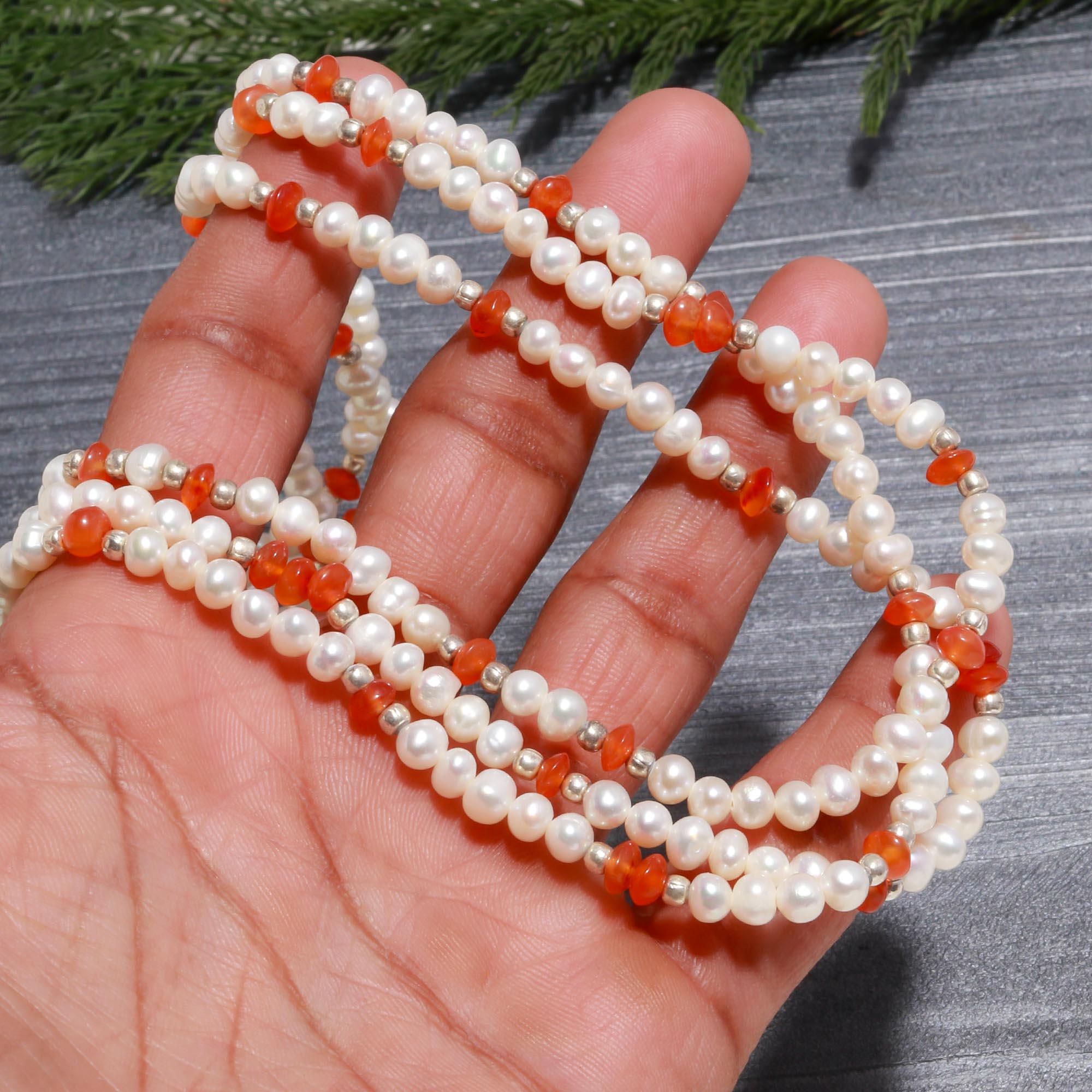 Triple Strand Freshwater Pearl & Carnelian Necklace | 925 Silver Multi-Gem Choker