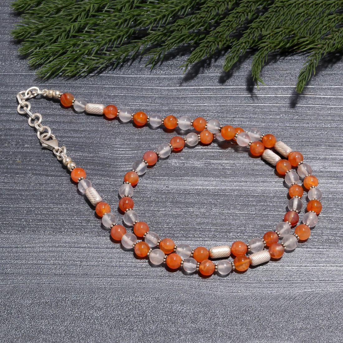 Carnelian & Rose Quartz Beaded Choker | 925 Sterling Silver Barrel Accent Necklace