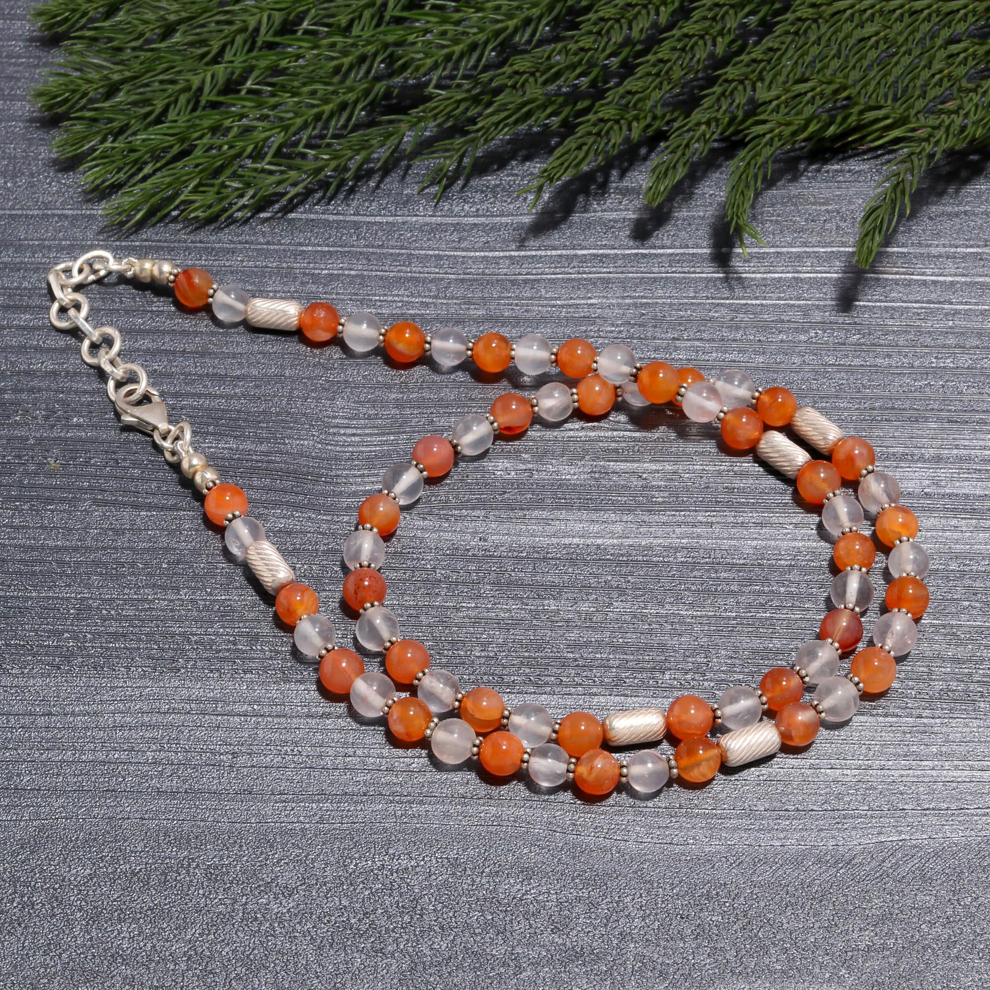 Carnelian & Rose Quartz Beaded Choker | 925 Sterling Silver Barrel Accent Necklace