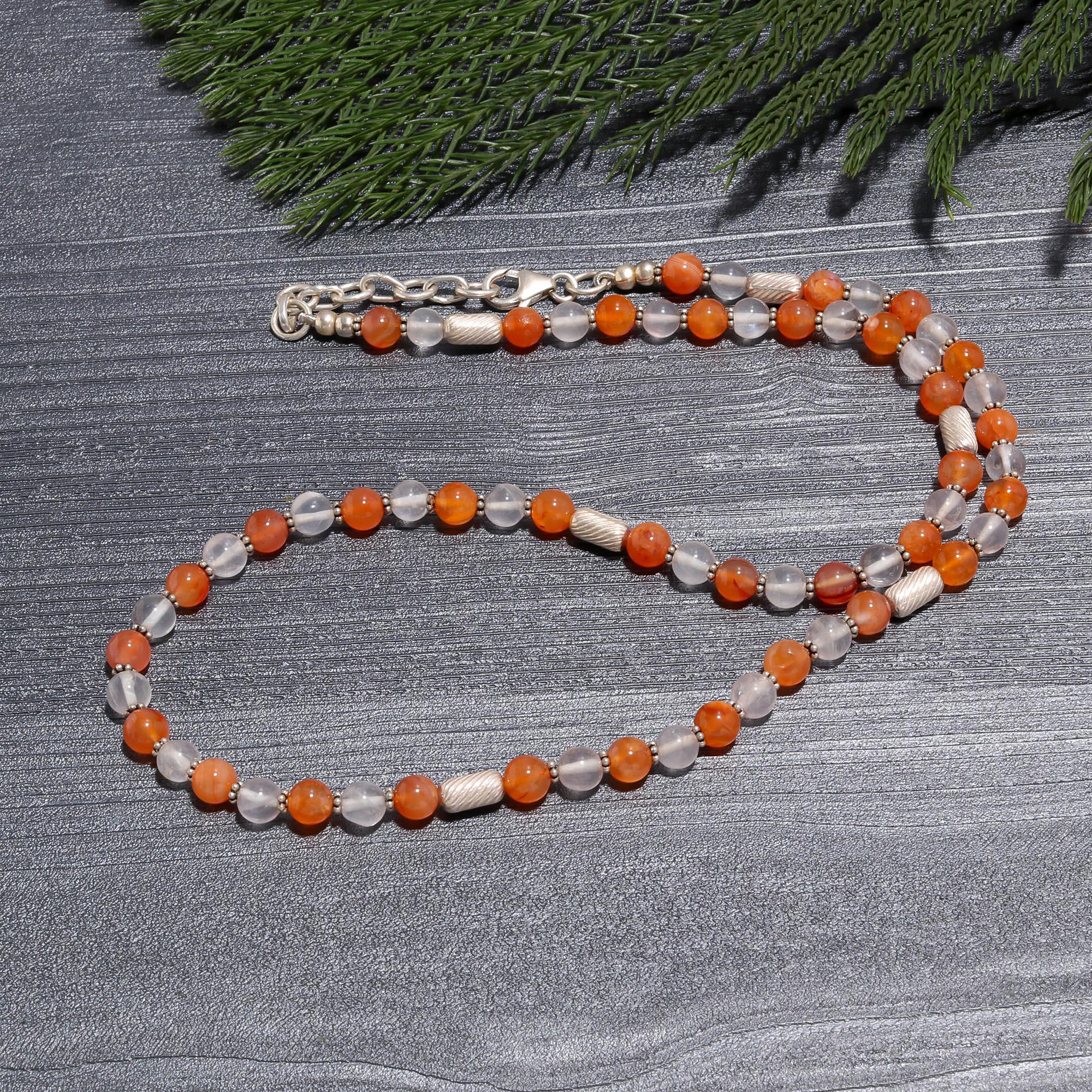 Carnelian & Rose Quartz Beaded Choker | 925 Sterling Silver Barrel Accent Necklace