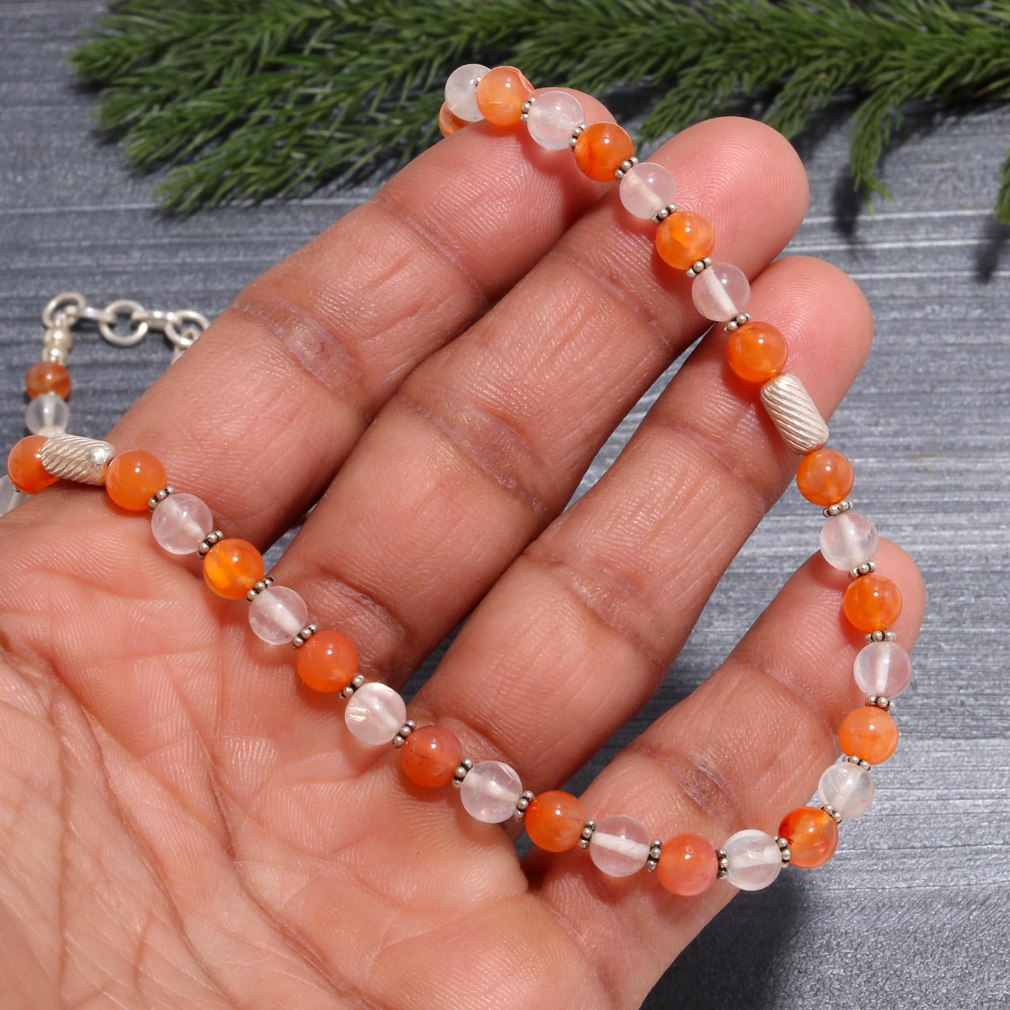 Carnelian & Rose Quartz Beaded Choker | 925 Sterling Silver Barrel Accent Necklace