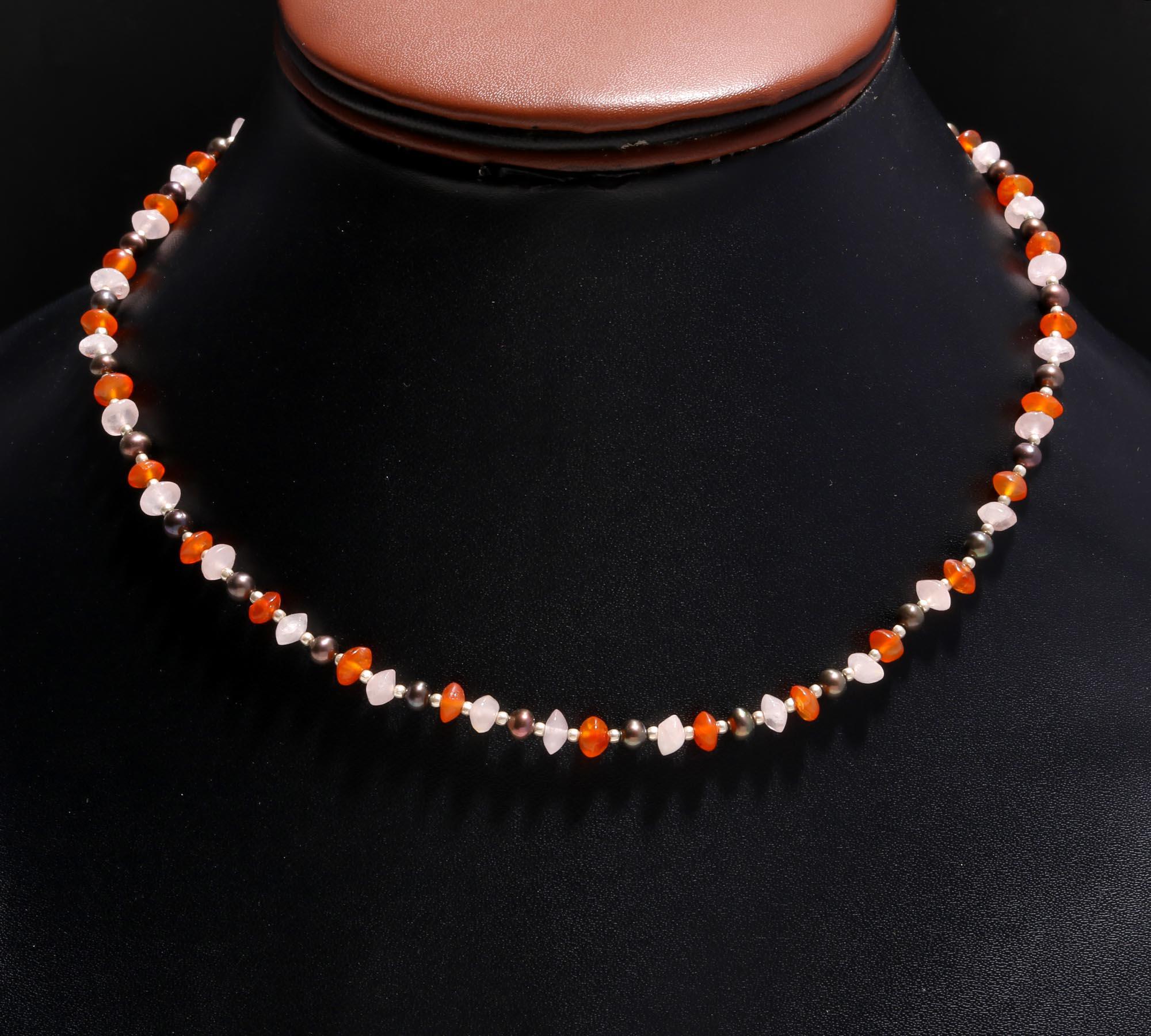 Rose Quartz, Carnelian, and Black Pearl Silver Choker Necklace for Women