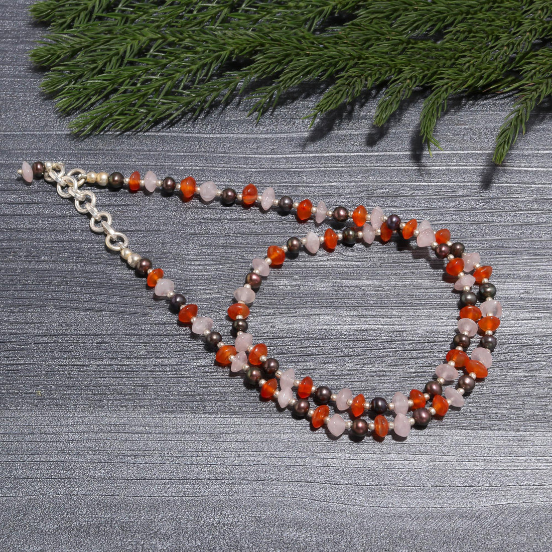 Rose Quartz, Carnelian, and Black Pearl Silver Choker Necklace for Women