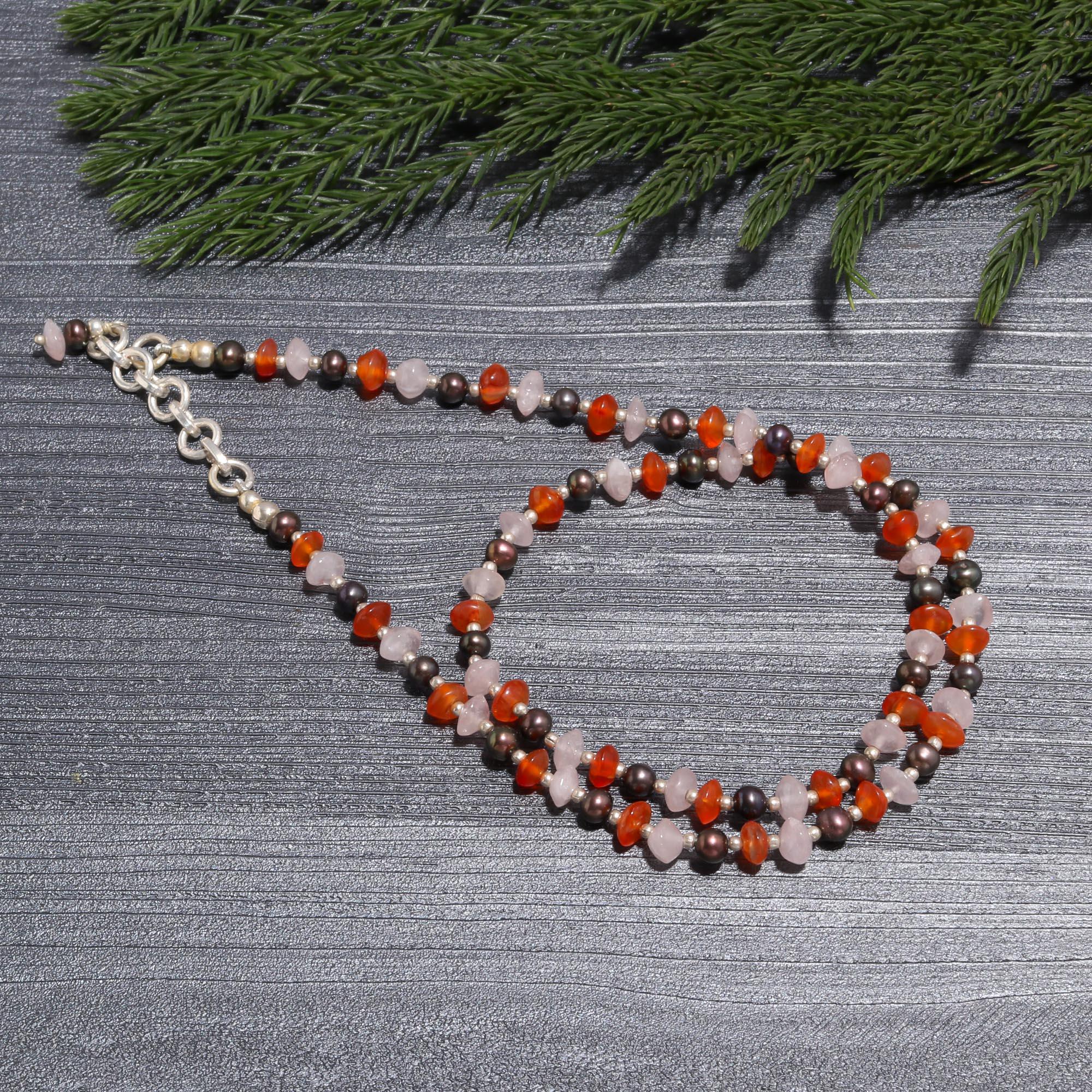 Rose Quartz, Carnelian, and Black Pearl Silver Choker Necklace for Women
