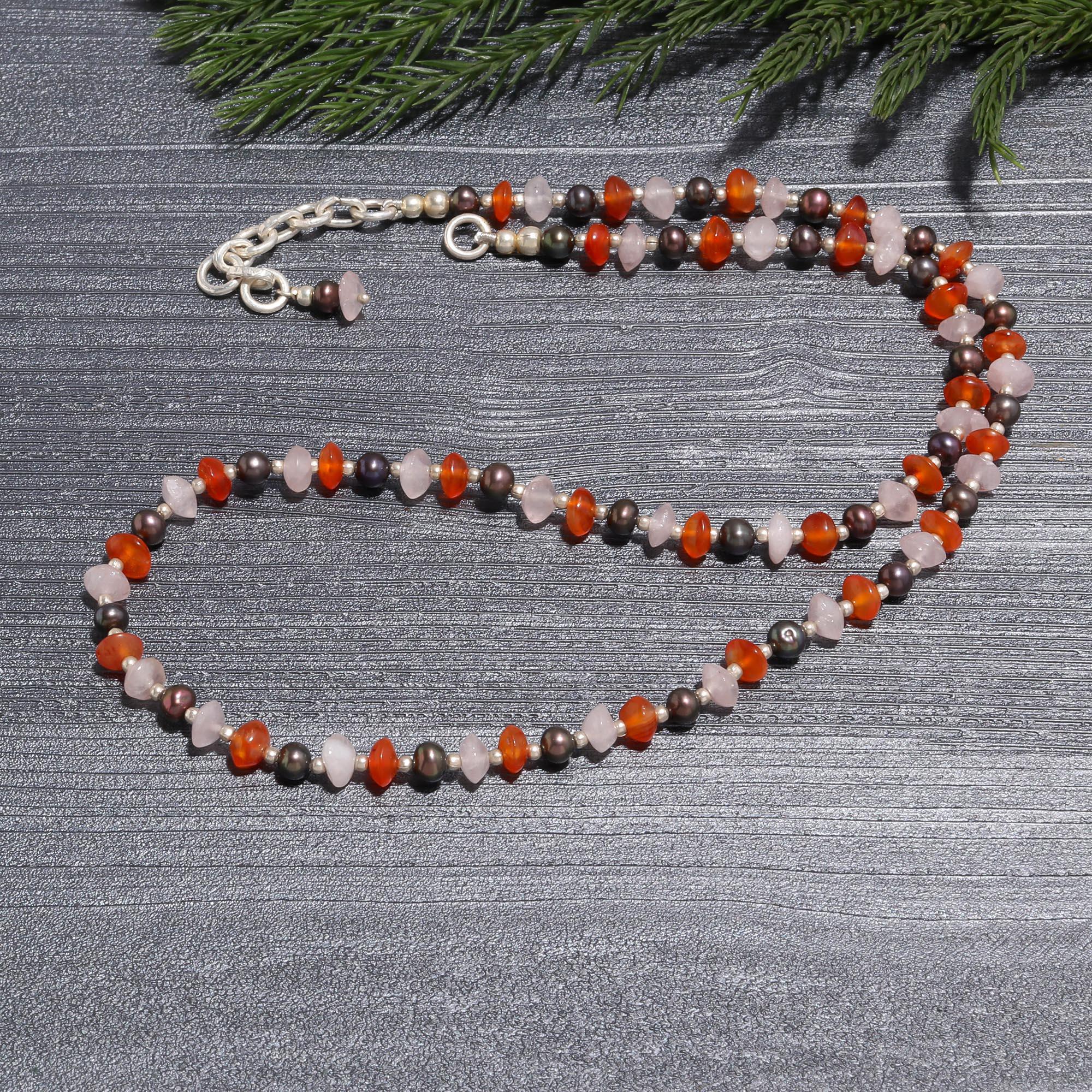 Rose Quartz, Carnelian, and Black Pearl Silver Choker Necklace for Women
