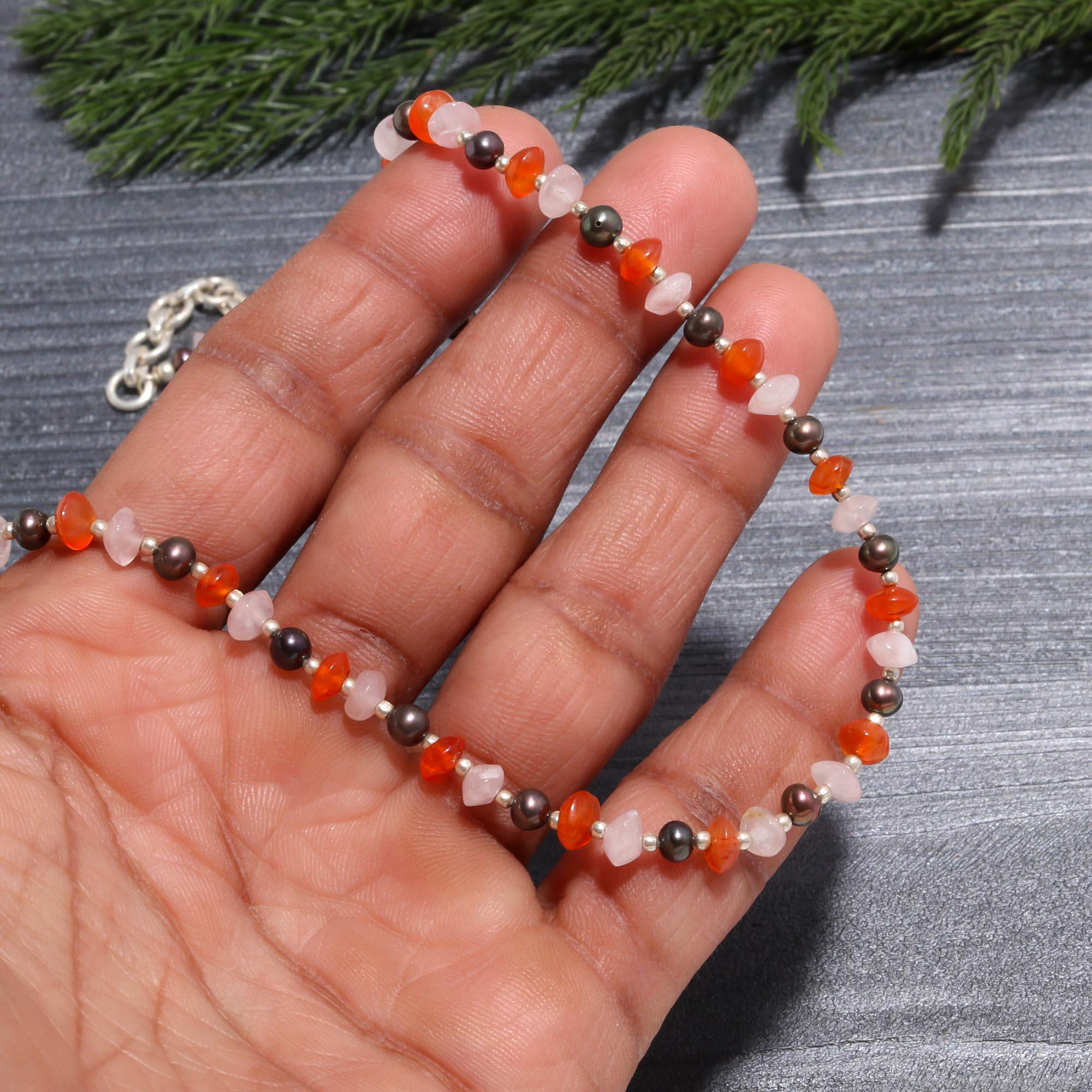 Rose Quartz, Carnelian, and Black Pearl Silver Choker Necklace for Women