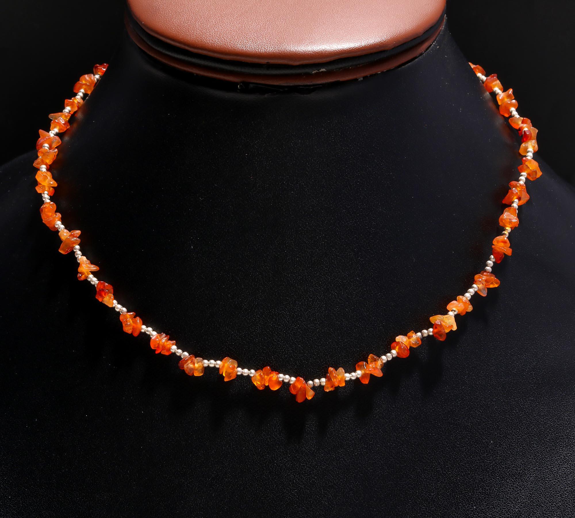 Natural Carnelian Chip Stone Choker | Dainty Nugget & 925 Silver Beaded Necklace
