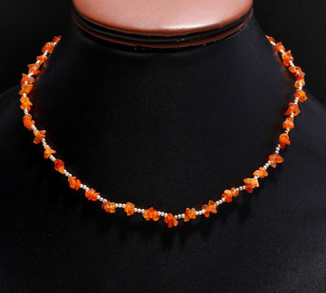 Natural Carnelian Chip Stone Choker | Dainty Nugget & 925 Silver Beaded Necklace