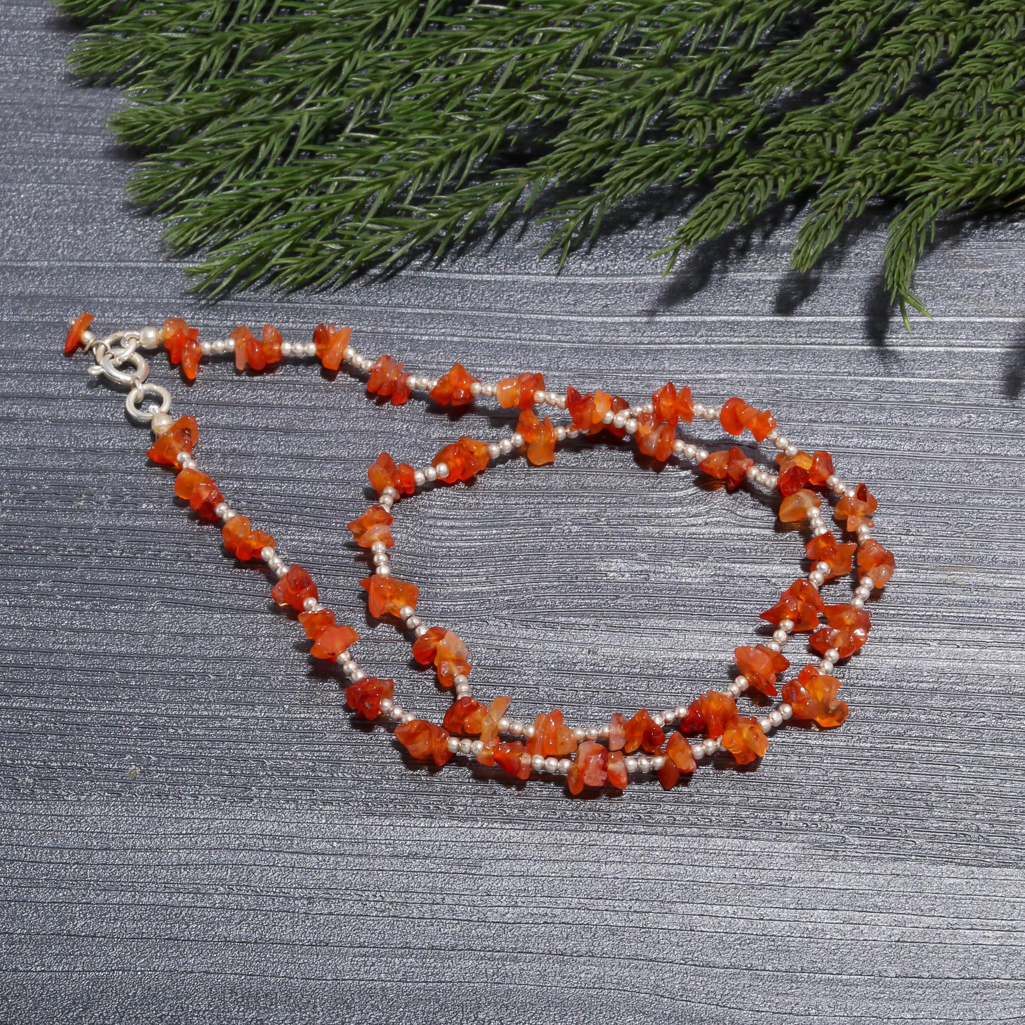 Natural Carnelian Chip Stone Choker | Dainty Nugget & 925 Silver Beaded Necklace