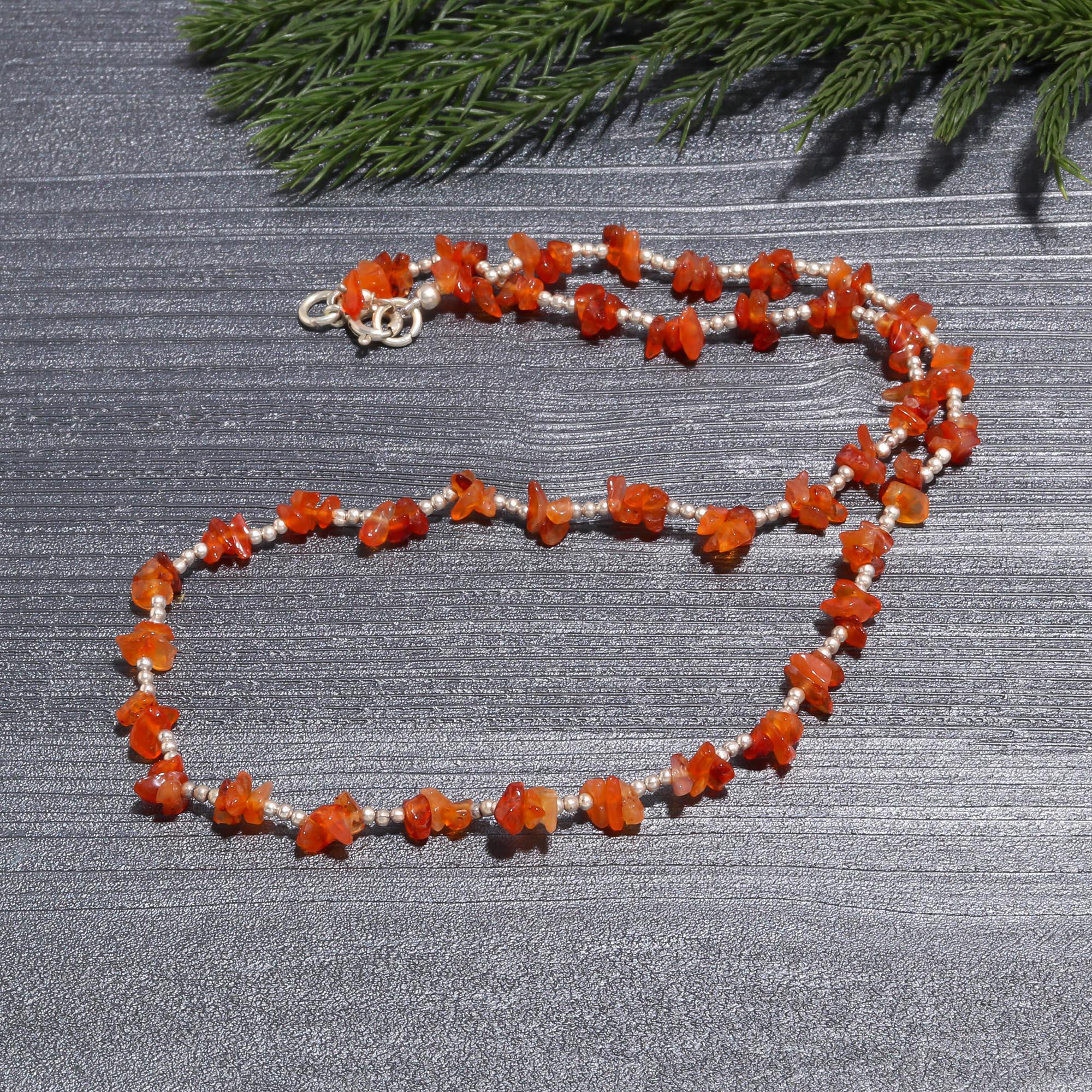 Natural Carnelian Chip Stone Choker | Dainty Nugget & 925 Silver Beaded Necklace