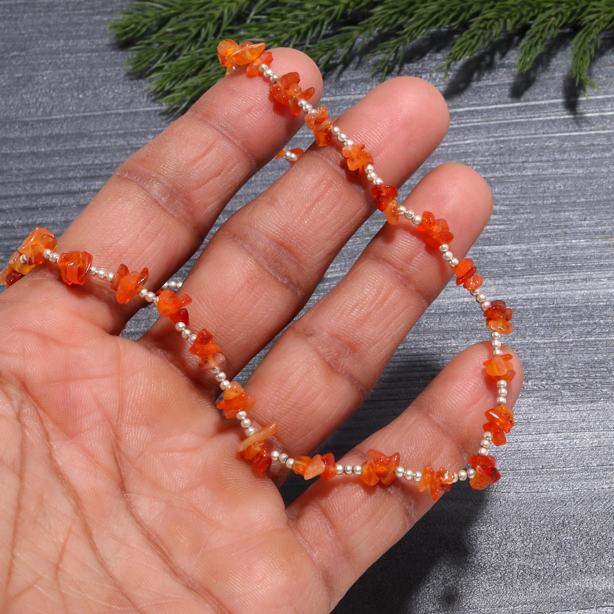 Natural Carnelian Chip Stone Choker | Dainty Nugget & 925 Silver Beaded Necklace