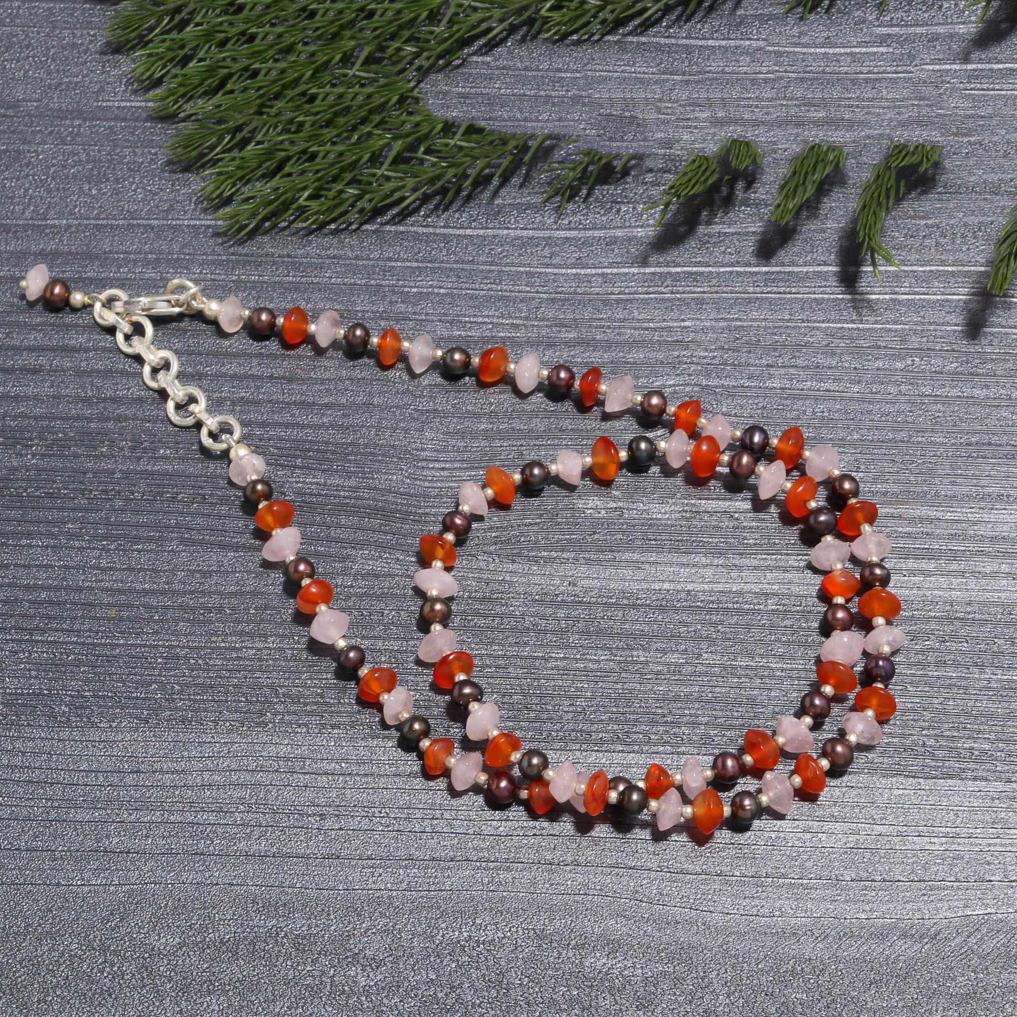 Multi-Gemstone Mini Choker | Carnelian, Rose Quartz & Silver Beaded Necklace