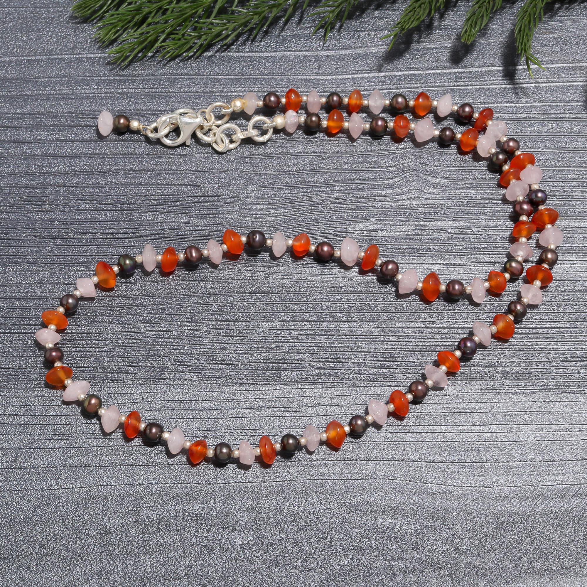 Multi-Gemstone Mini Choker | Carnelian, Rose Quartz & Silver Beaded Necklace