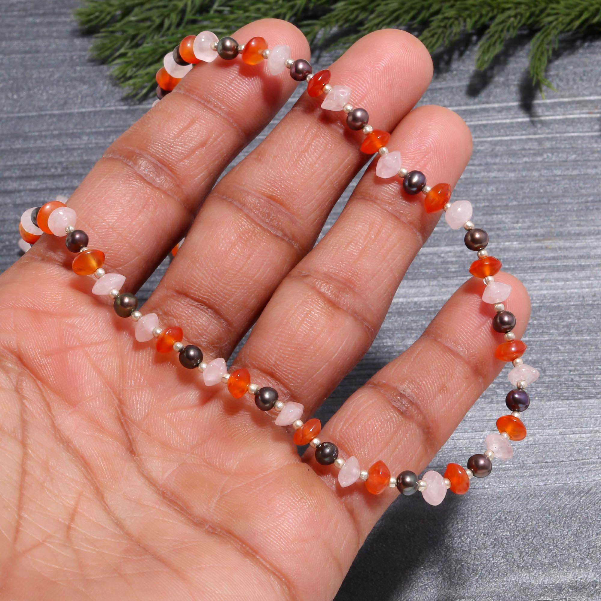 Multi-Gemstone Mini Choker | Carnelian, Rose Quartz & Silver Beaded Necklace