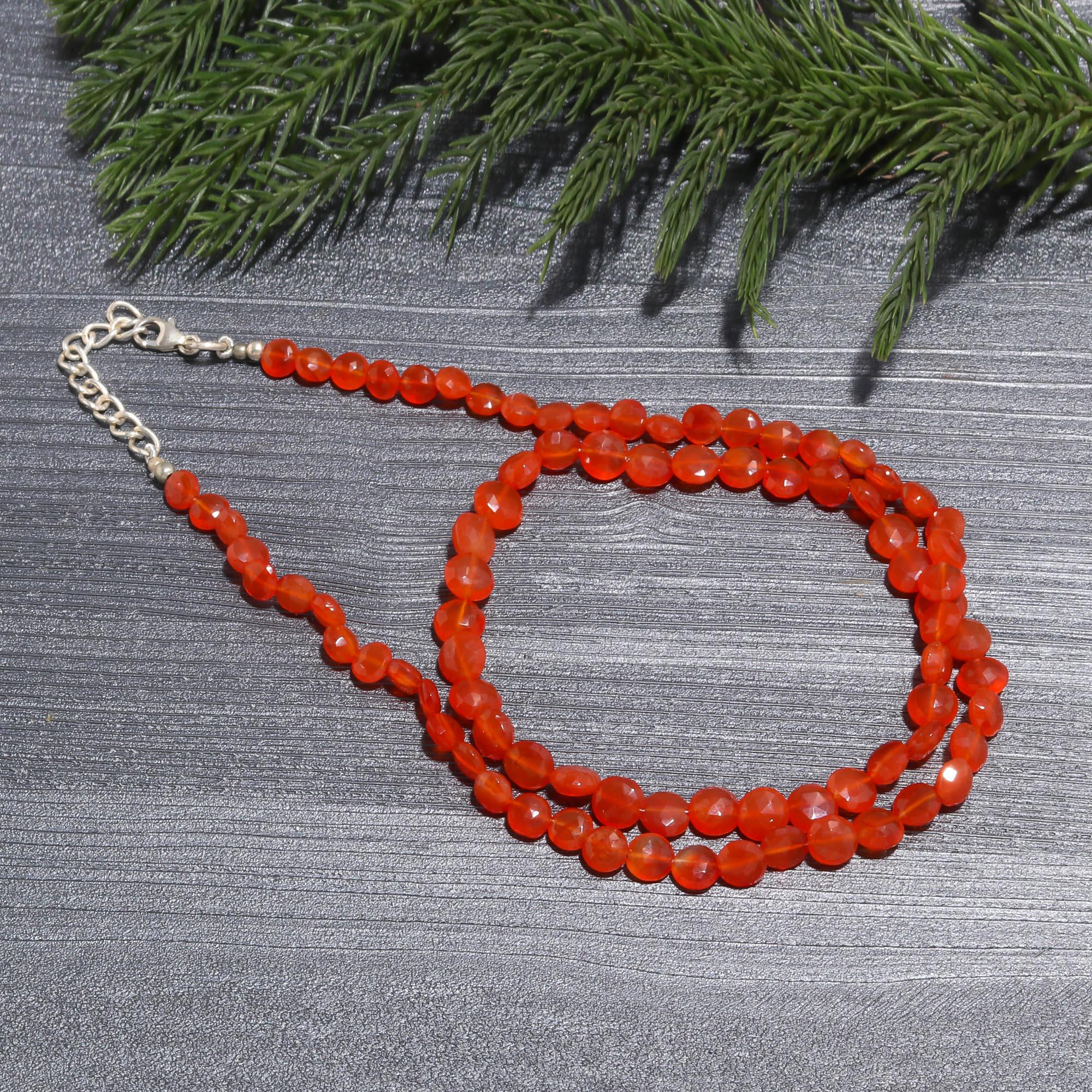 Faceted Carnelian Gemstone Beaded Necklace | Vibrant Orange Choker in 925 Silver