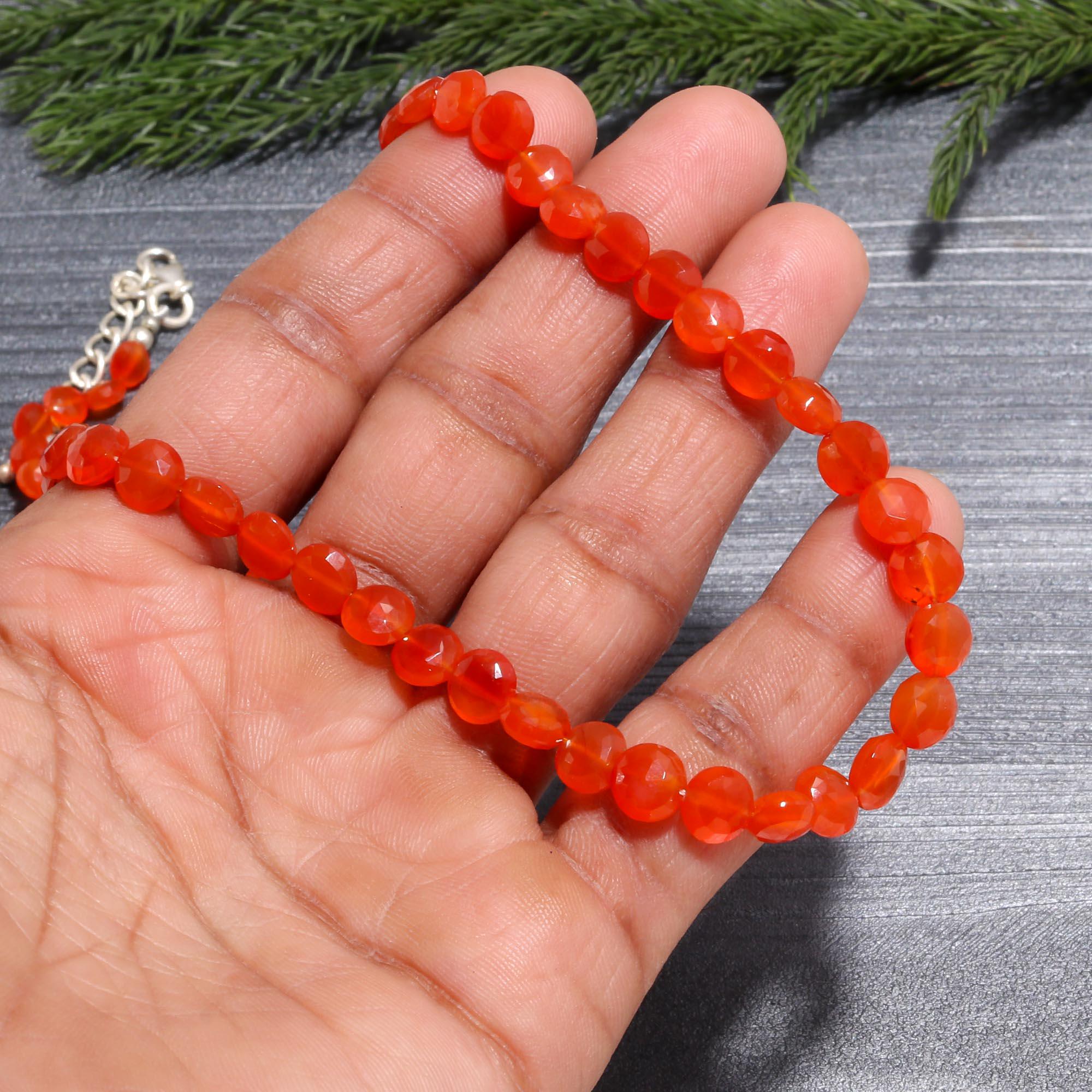 Faceted Carnelian Gemstone Beaded Necklace | Vibrant Orange Choker in 925 Silver