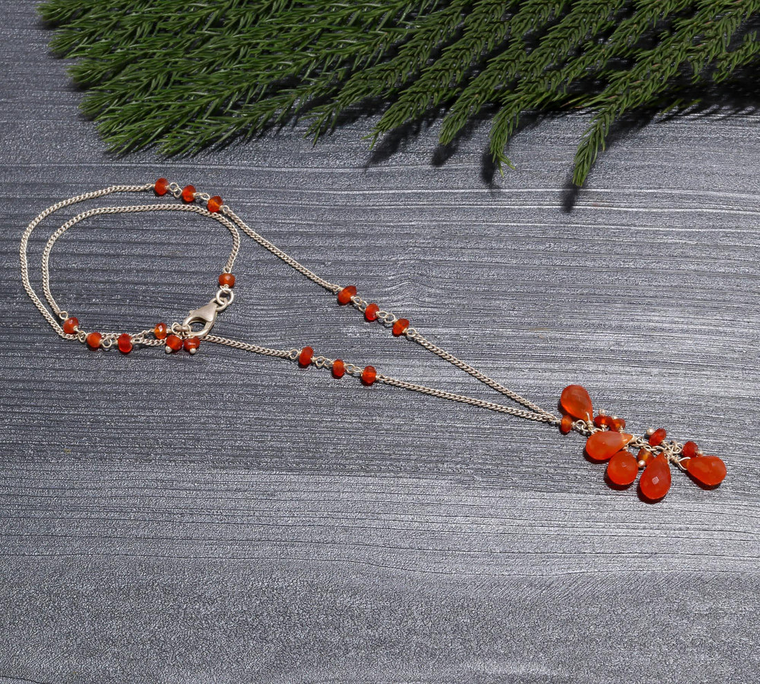 Delicate Carnelian Y-Drop Necklace | 925 Sterling Silver Lariat Dangle