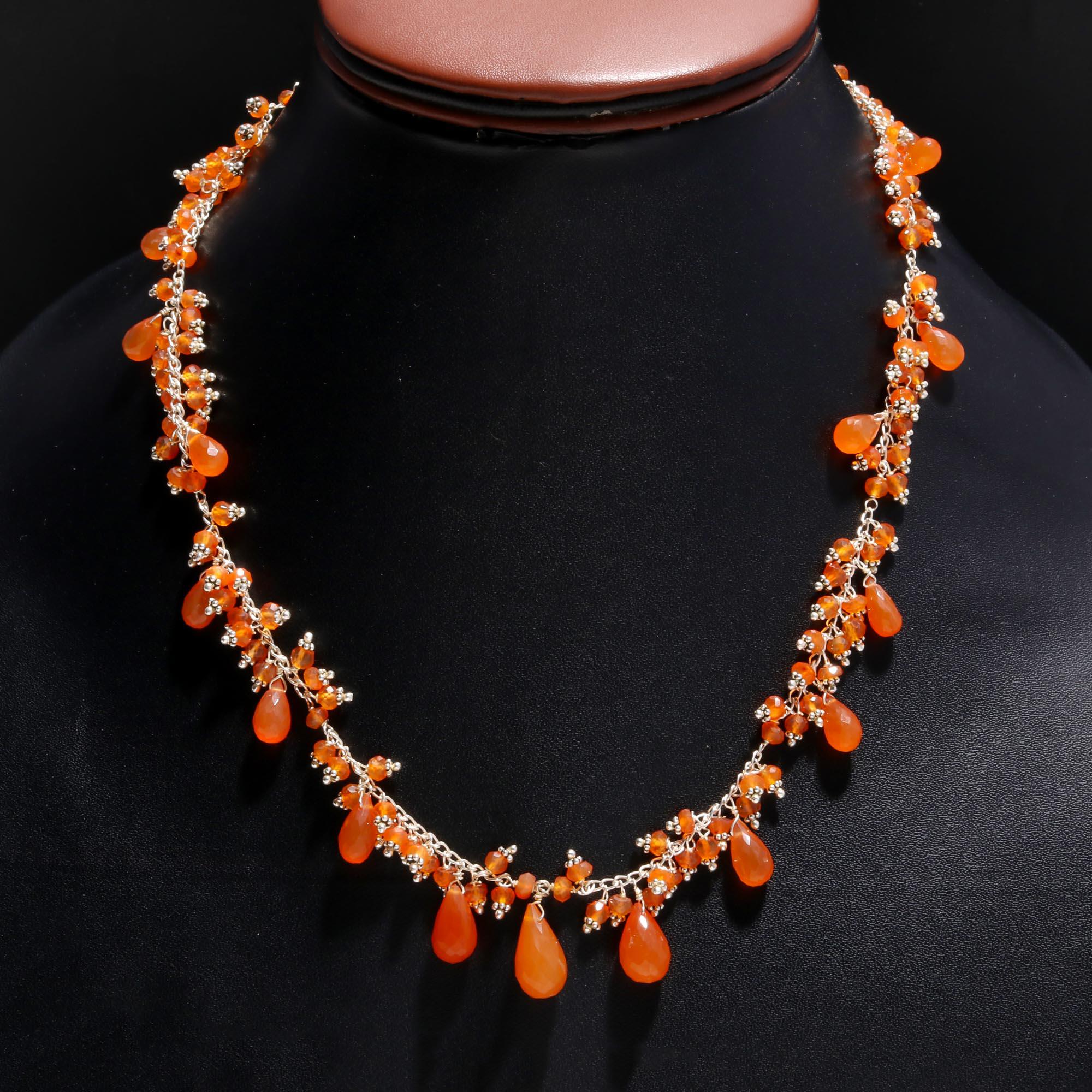 Vibrant Carnelian Dangle & Cluster Necklace | 925 Sterling Silver Beaded Chain